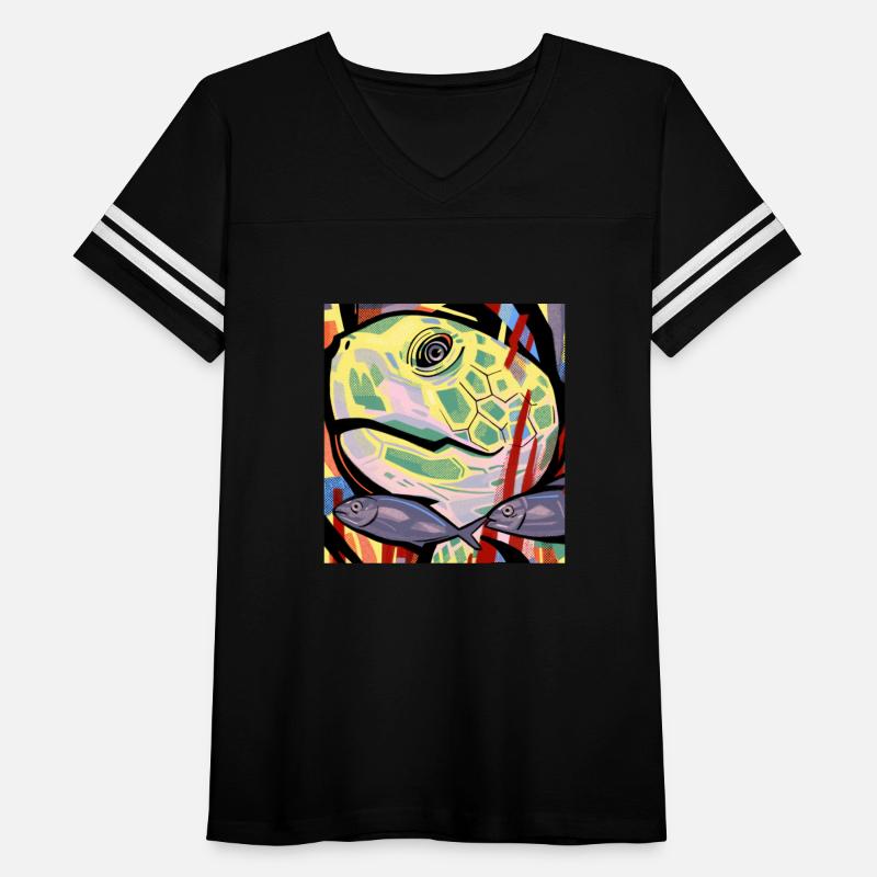 Art retro drawing of a turtle surrounded by fish