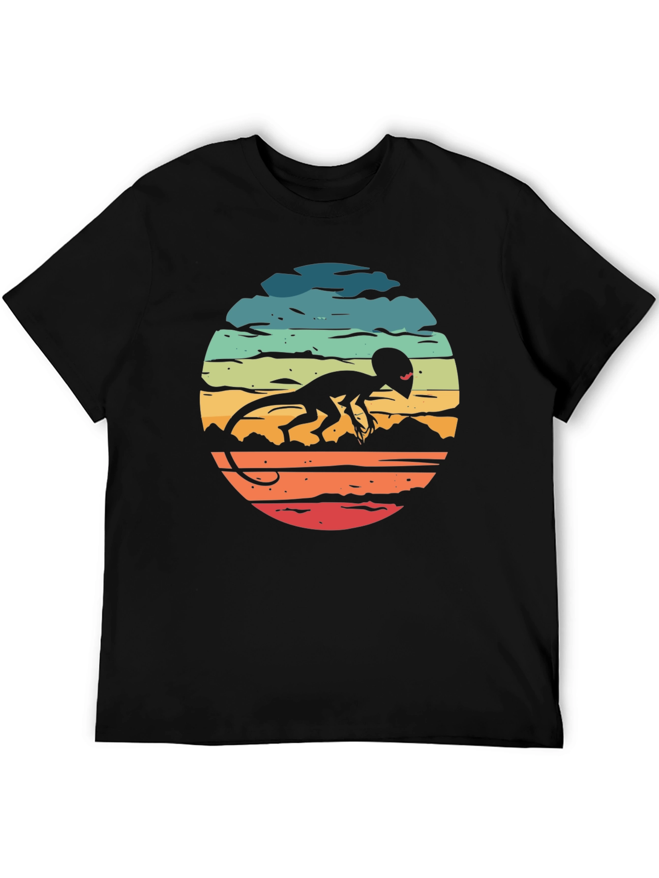 Retro Alien Lizard Sunset Black T-Shirt