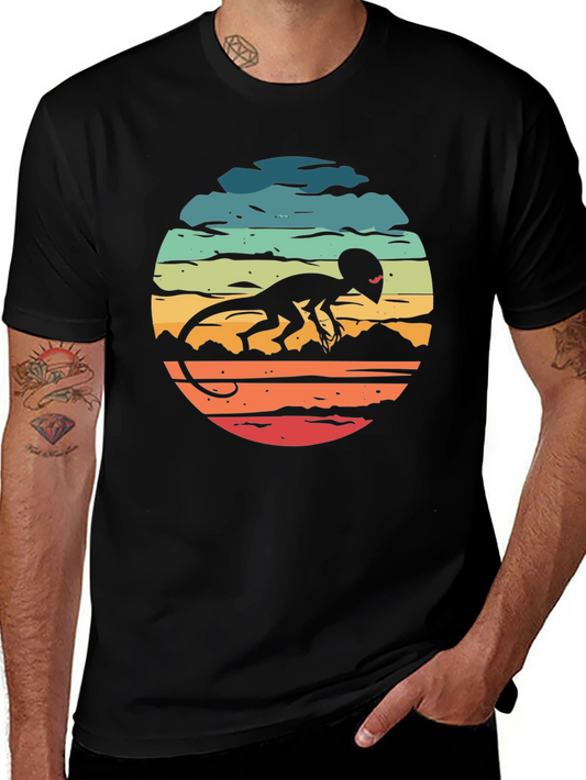 Retro Alien Lizard Sunset Black T-Shirt