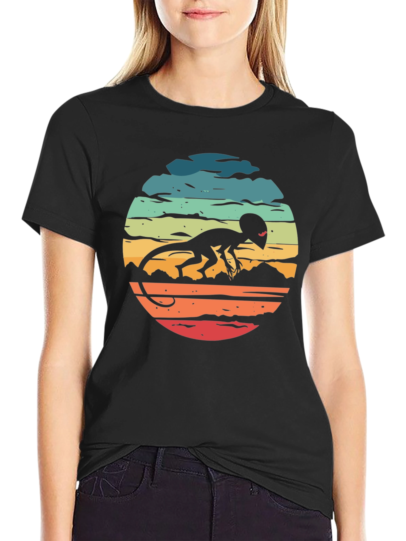 Retro Alien Lizard Sunset Black T-Shirt