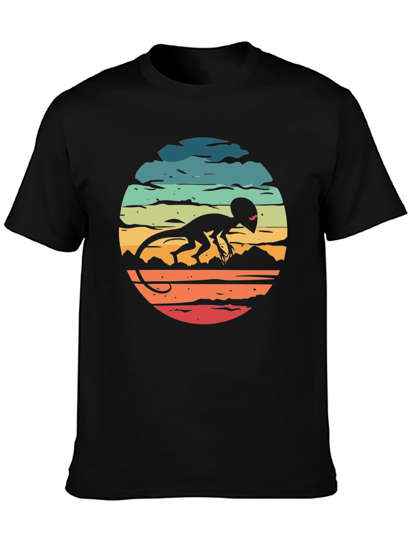 Retro Alien Lizard Sunset Black T-Shirt