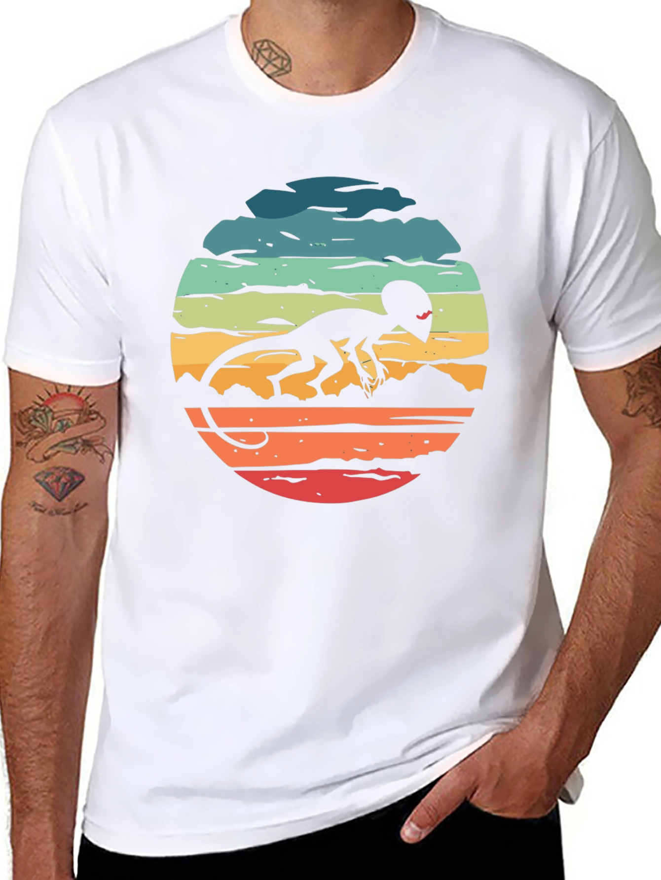Retro Alien Lizard Sunset Black T-Shirt