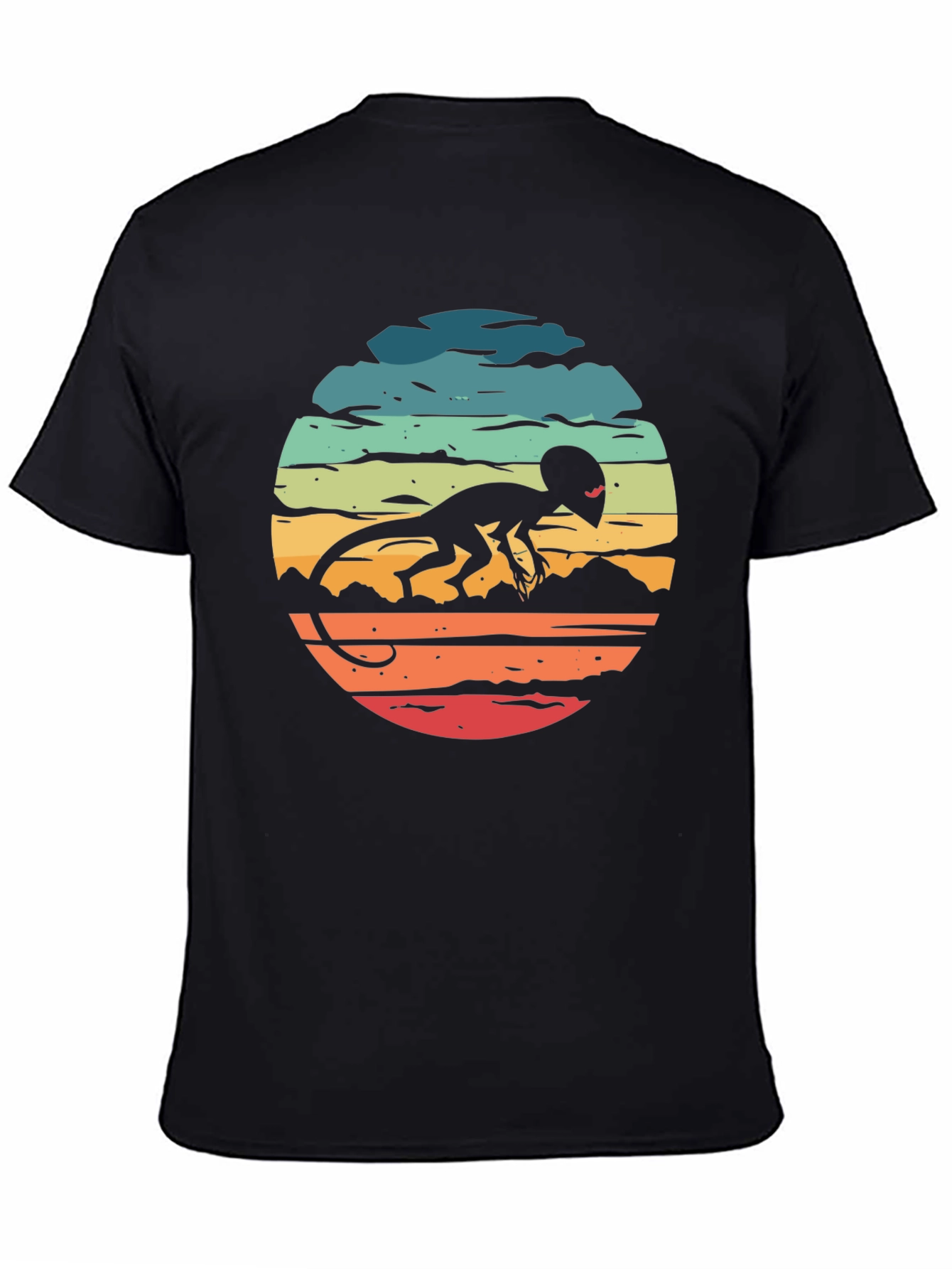 Retro Alien Lizard Sunset Black T-Shirt