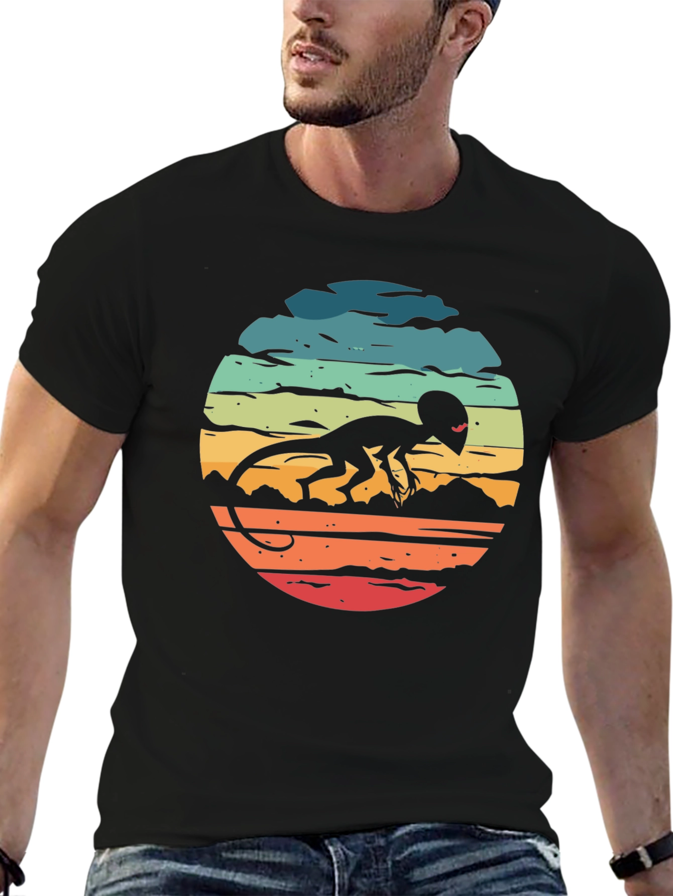 Retro Alien Lizard Sunset Black T-Shirt