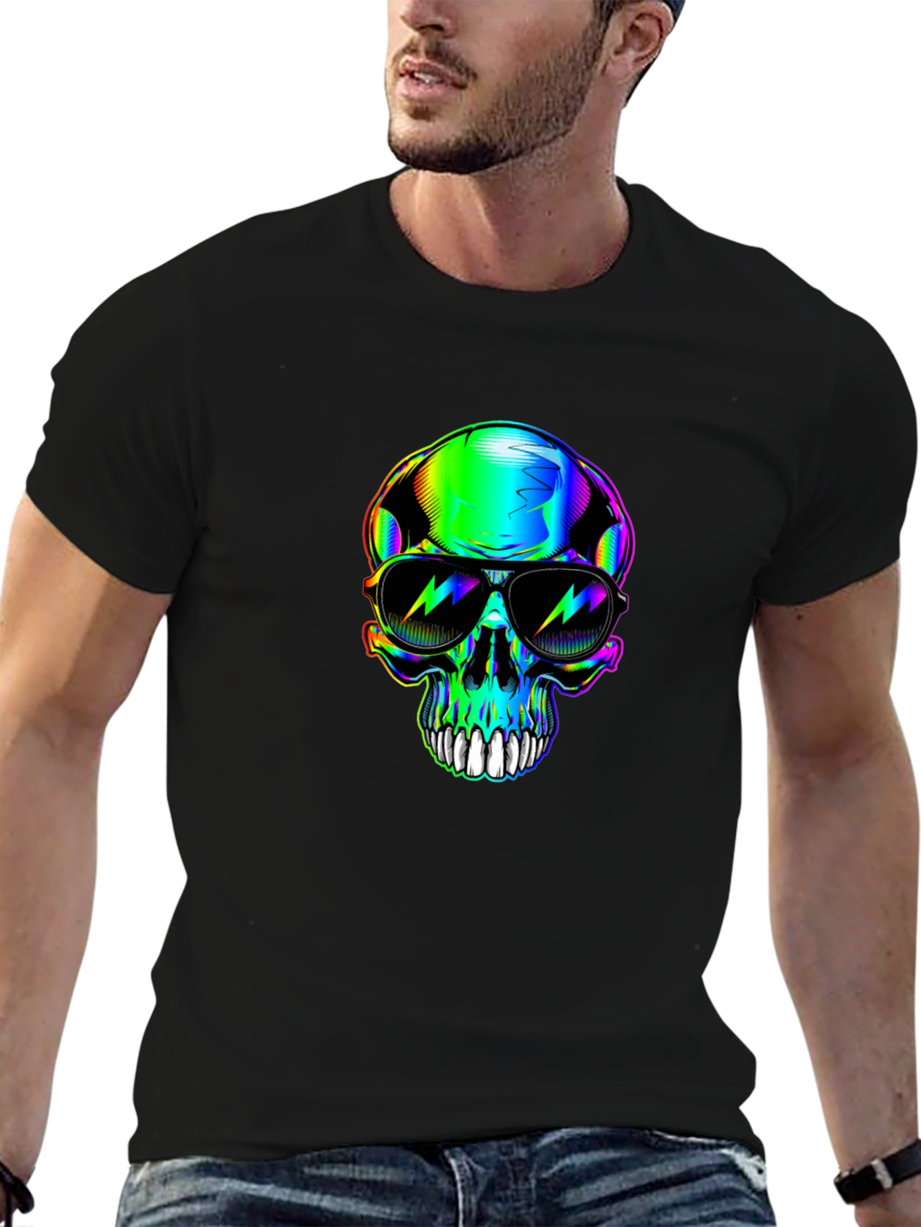 Rainbow Skull Sunglasses Graphic Black T-Shirt