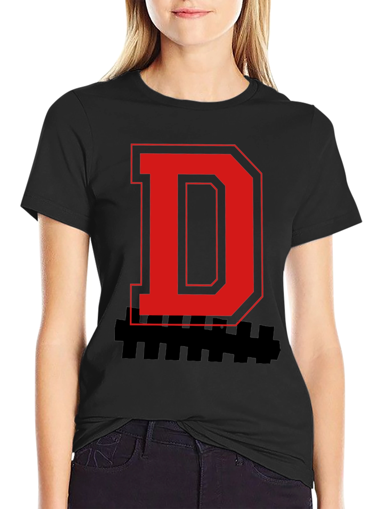 Bold Letter Graphic Tee - Red D on Black