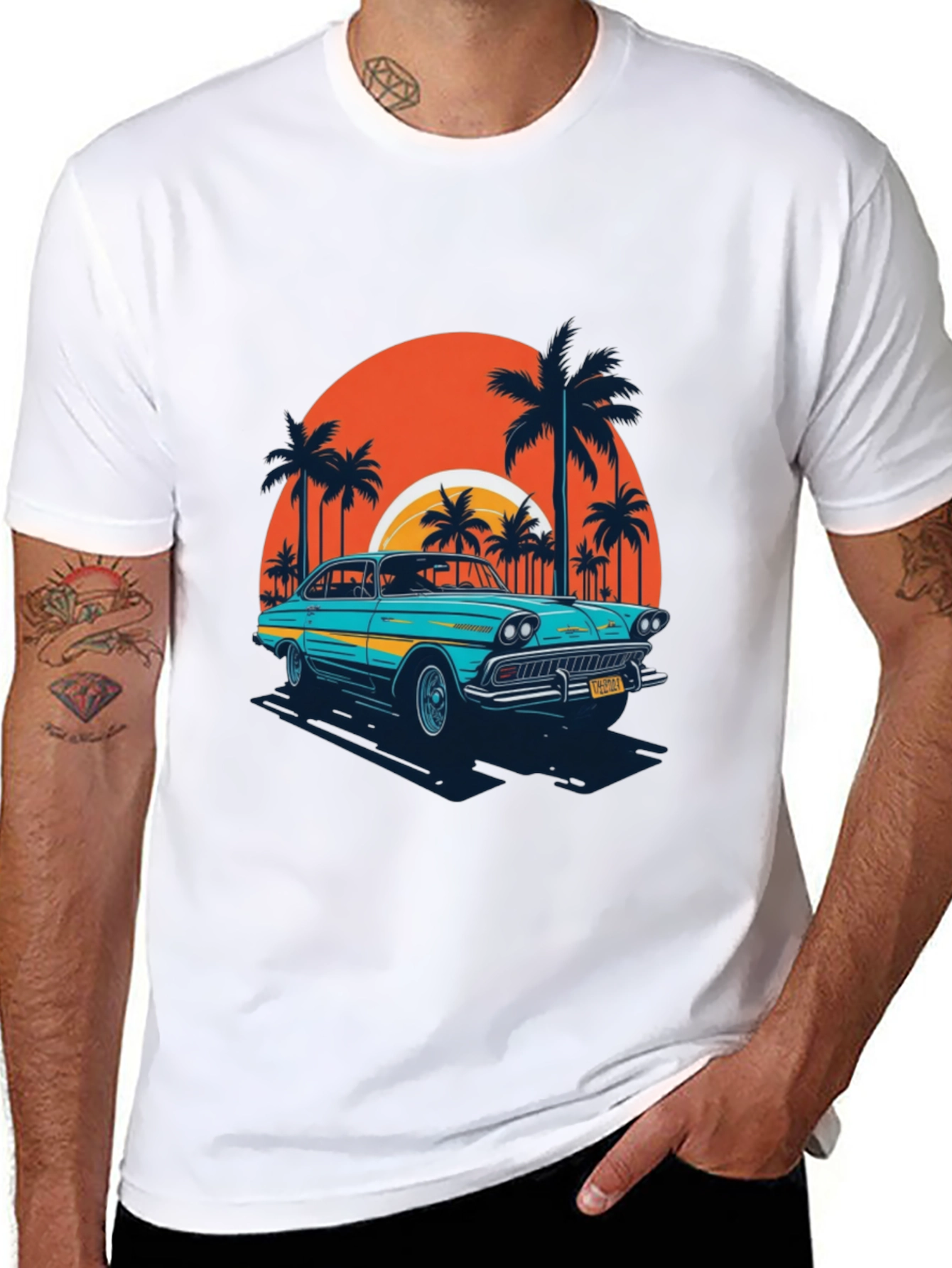 Retro Car T-Shirt - Beach Sunset Design