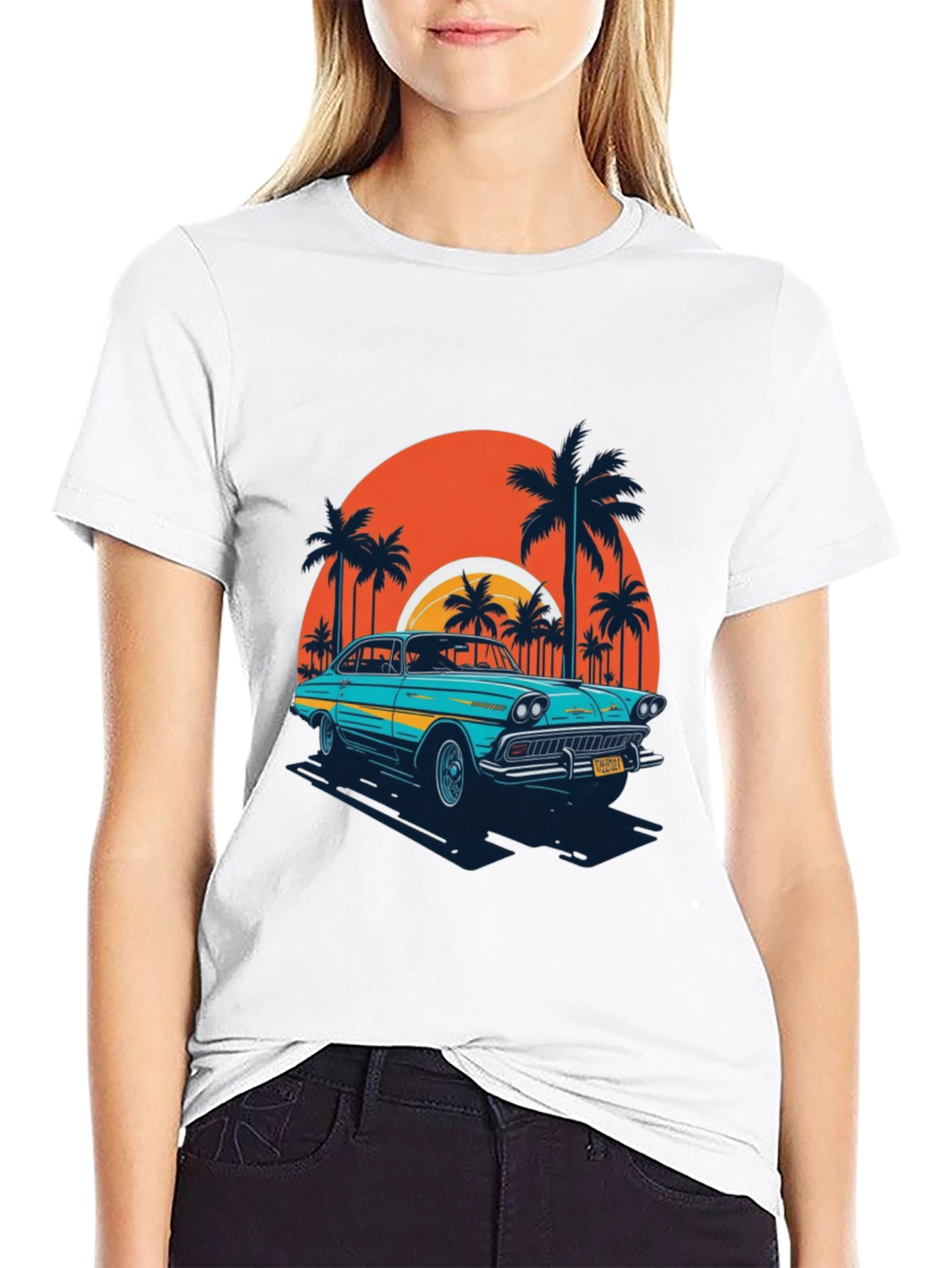 Retro Car T-Shirt - Beach Sunset Design