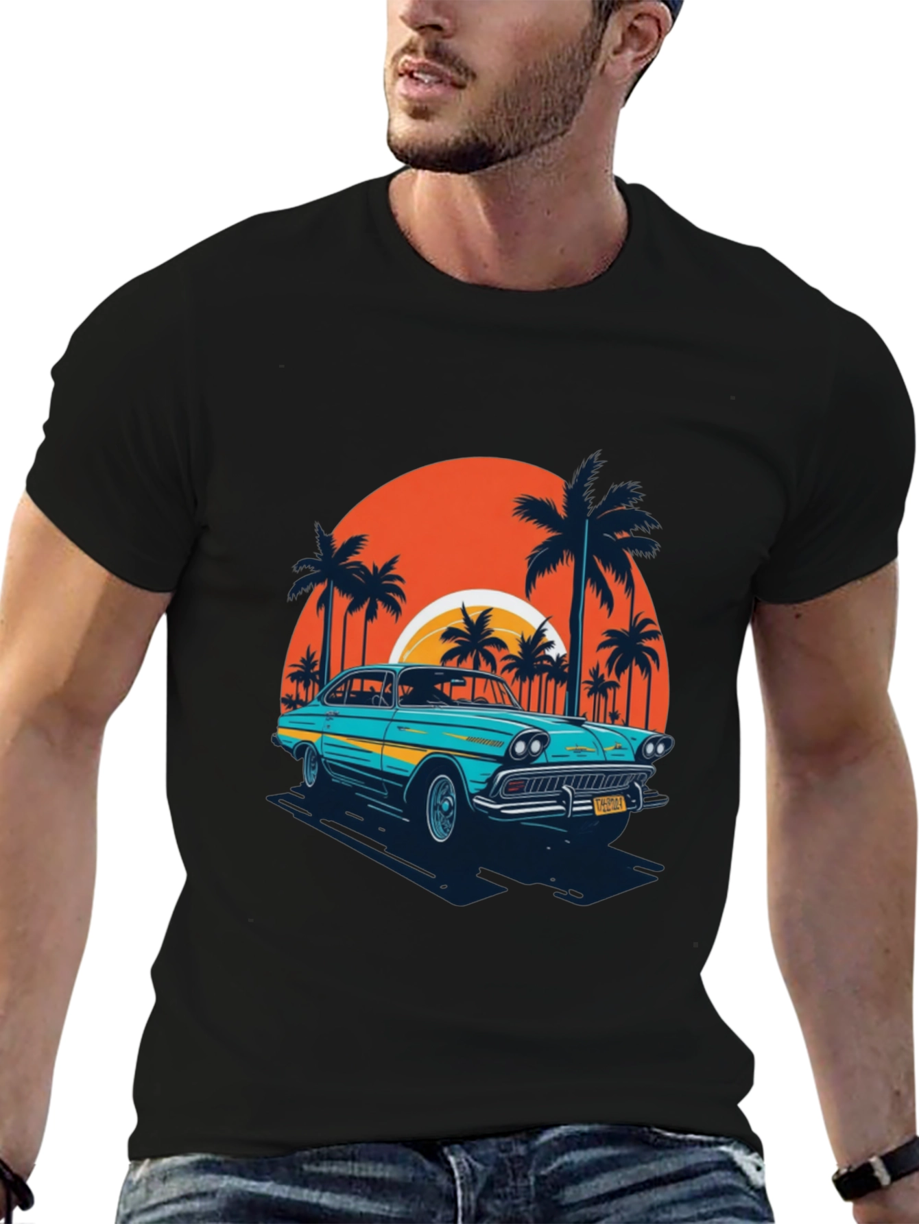 Retro Car T-Shirt - Beach Sunset Design