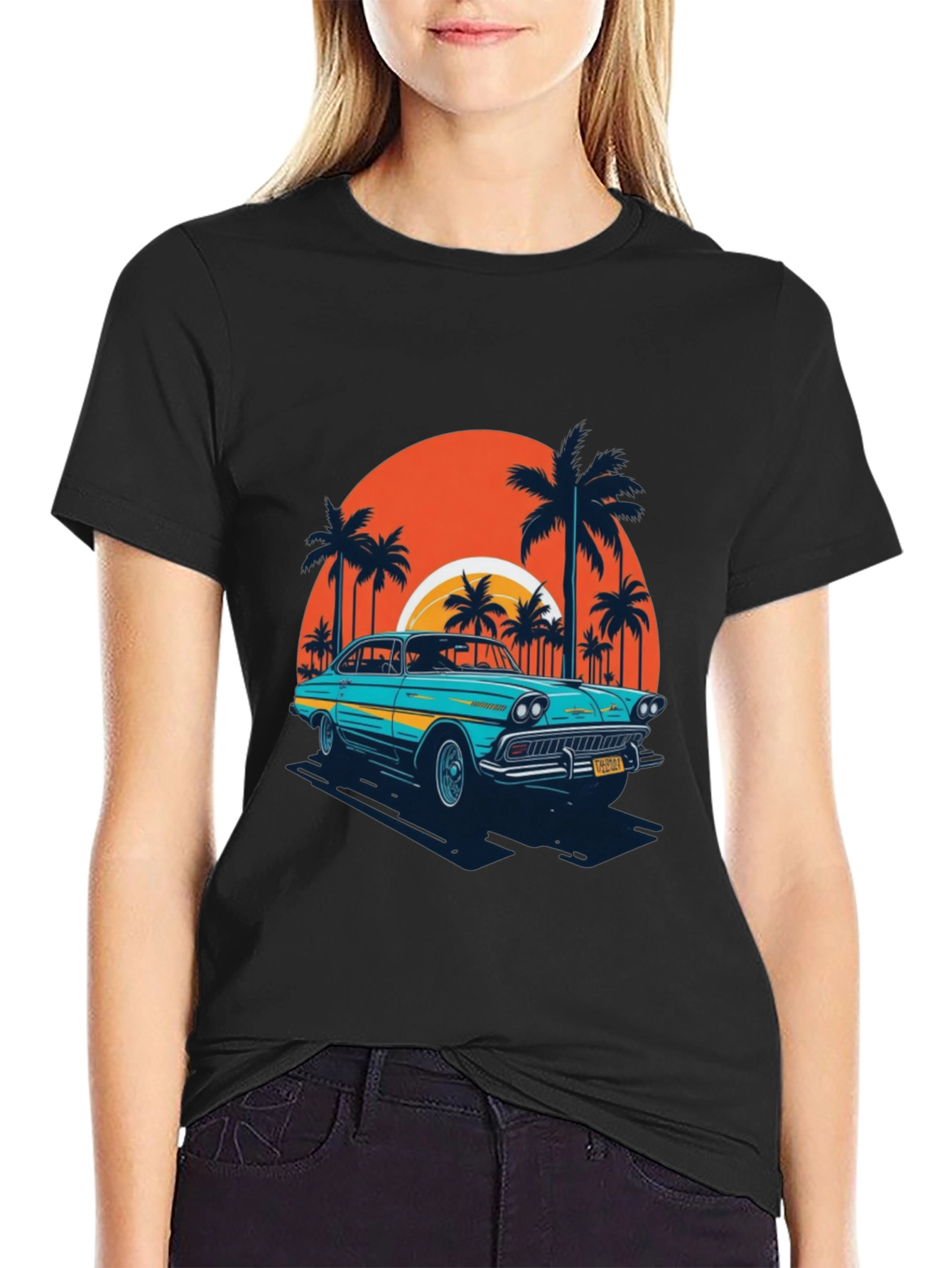 Retro Car T-Shirt - Beach Sunset Design