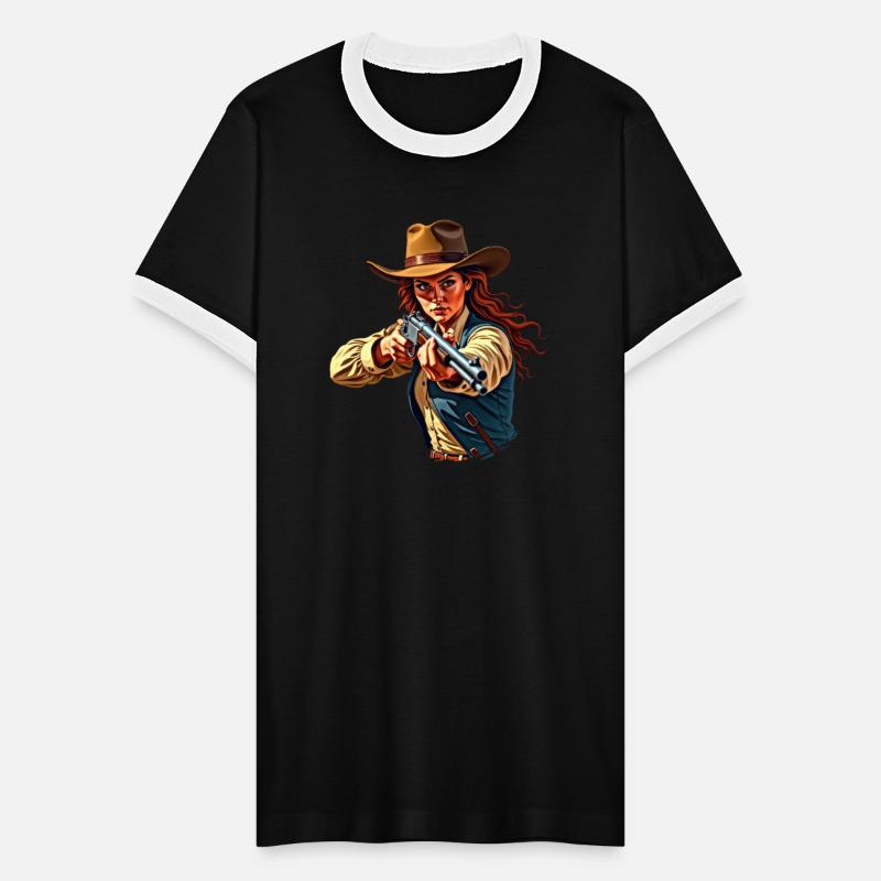 Cowgirl aiming rifle in action