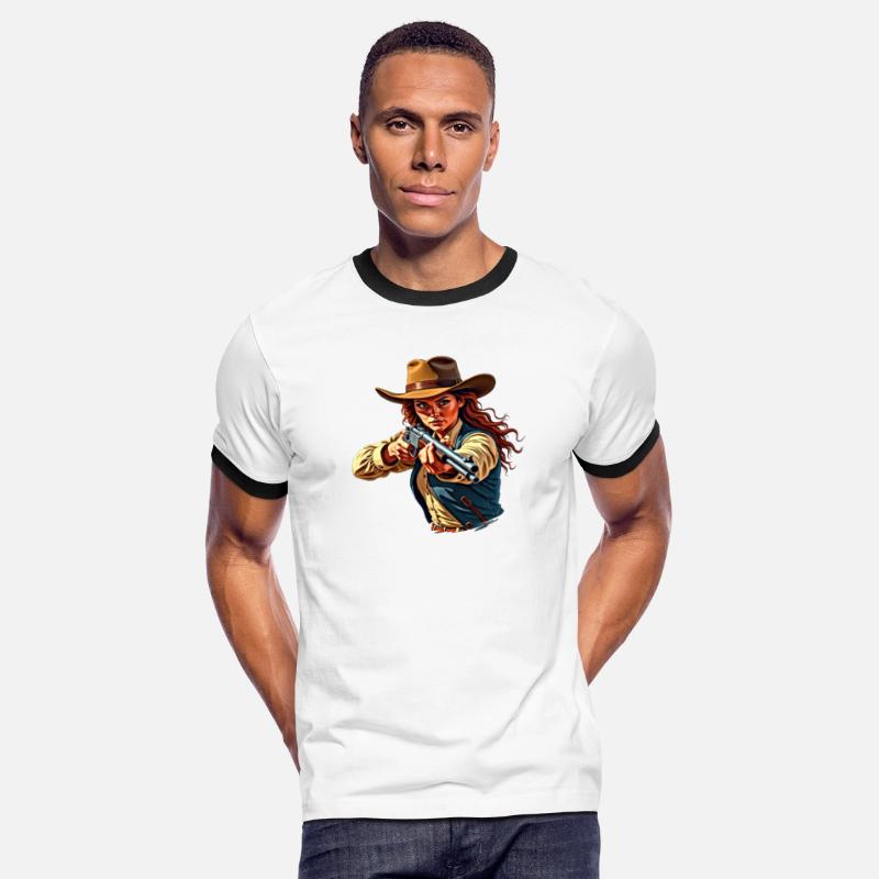 Cowgirl aiming rifle in action