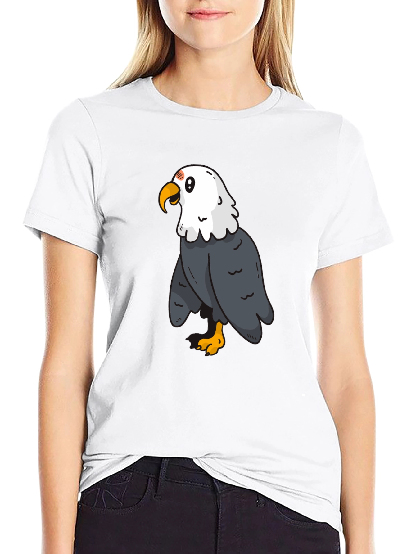 Cartoon Eagle Graphic Tee - Black Cotton Blend