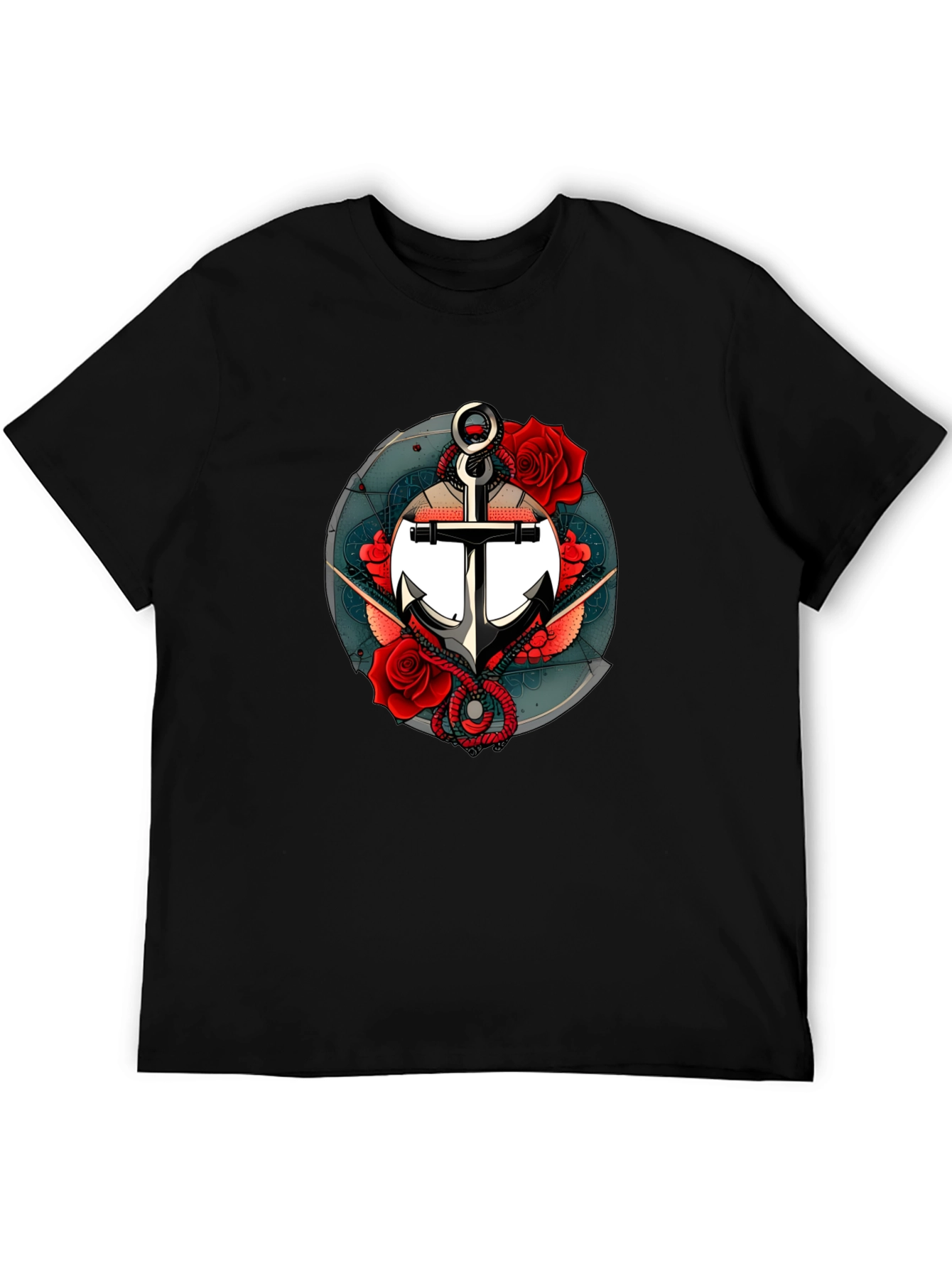 Nautical Anchor & Roses Graphic Black T-Shirt