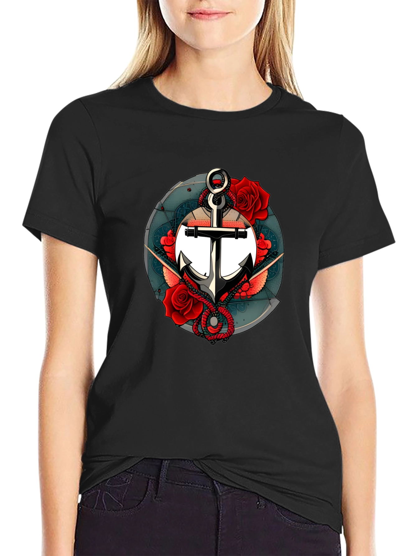 Nautical Anchor & Roses Graphic Black T-Shirt