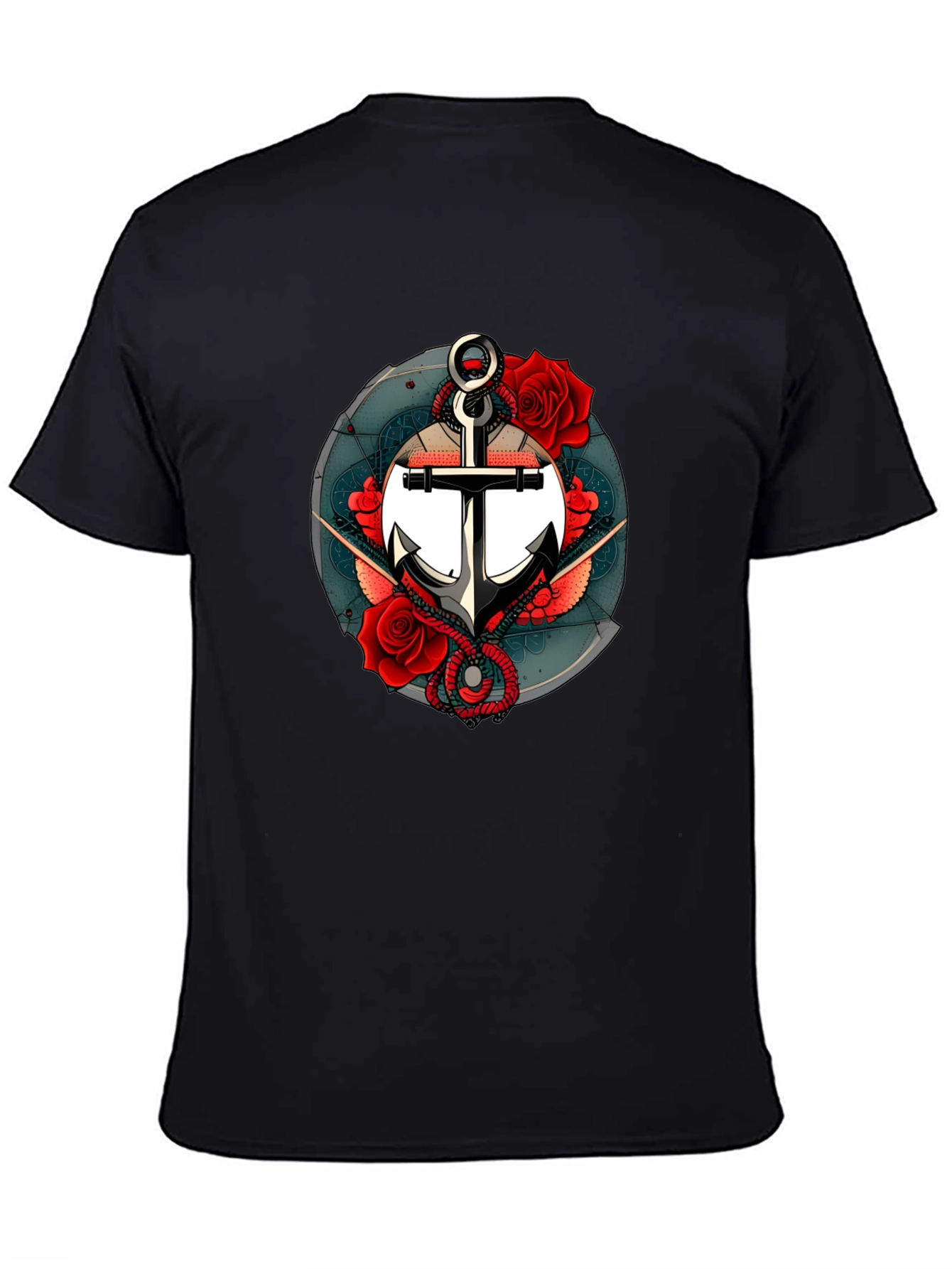 Nautical Anchor & Roses Graphic Black T-Shirt