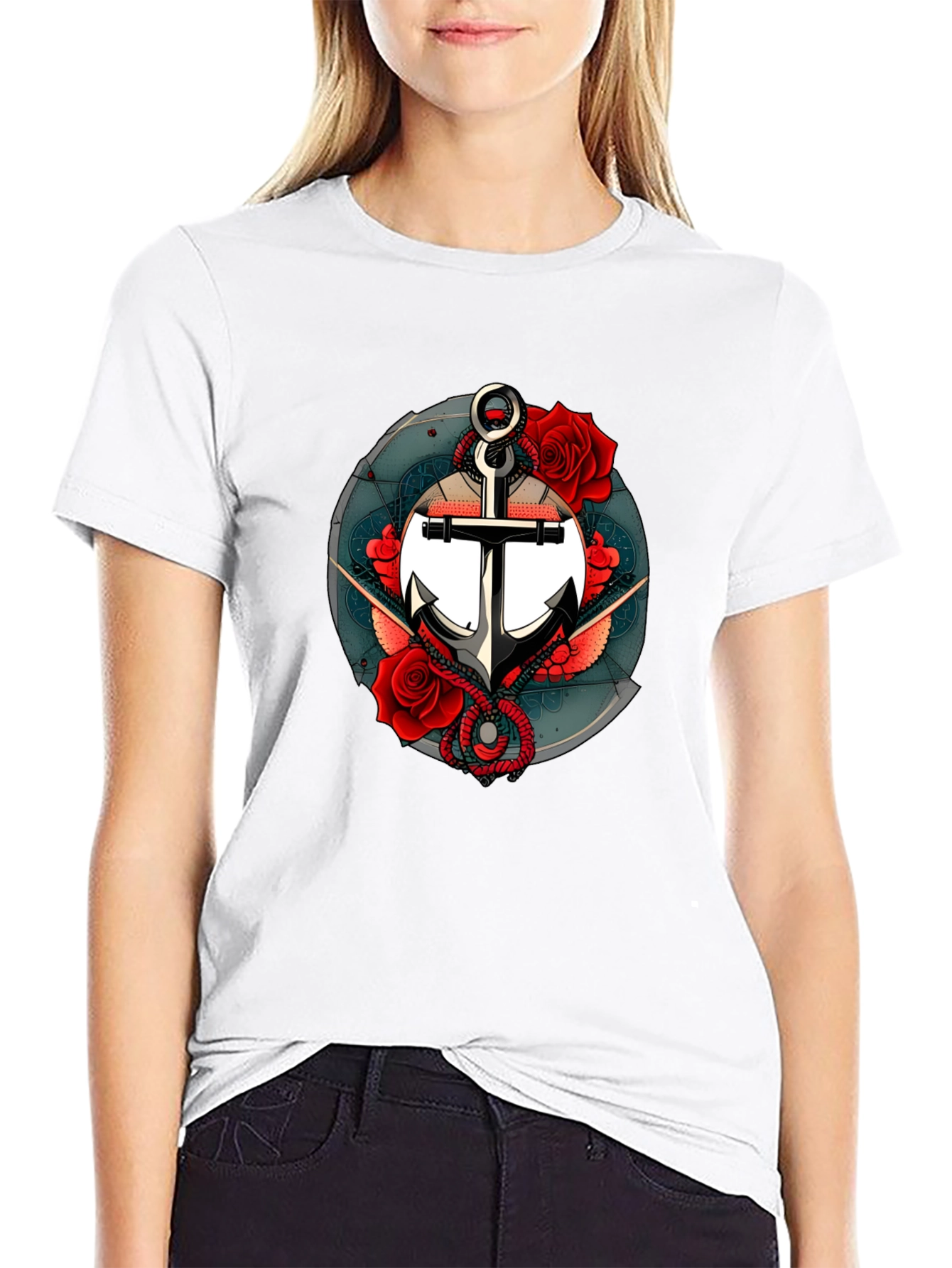 Nautical Anchor & Roses Graphic Black T-Shirt