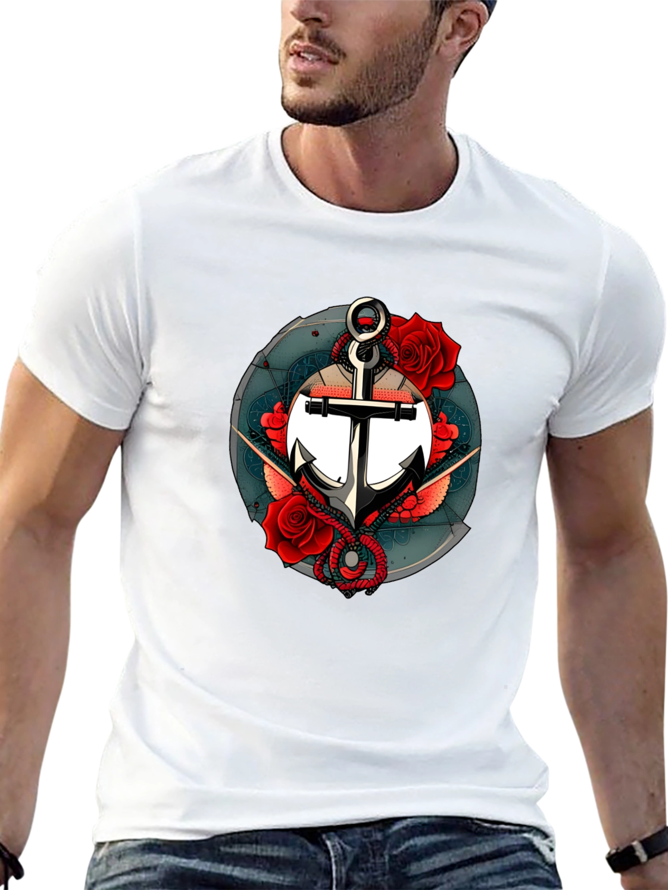 Nautical Anchor & Roses Graphic Black T-Shirt