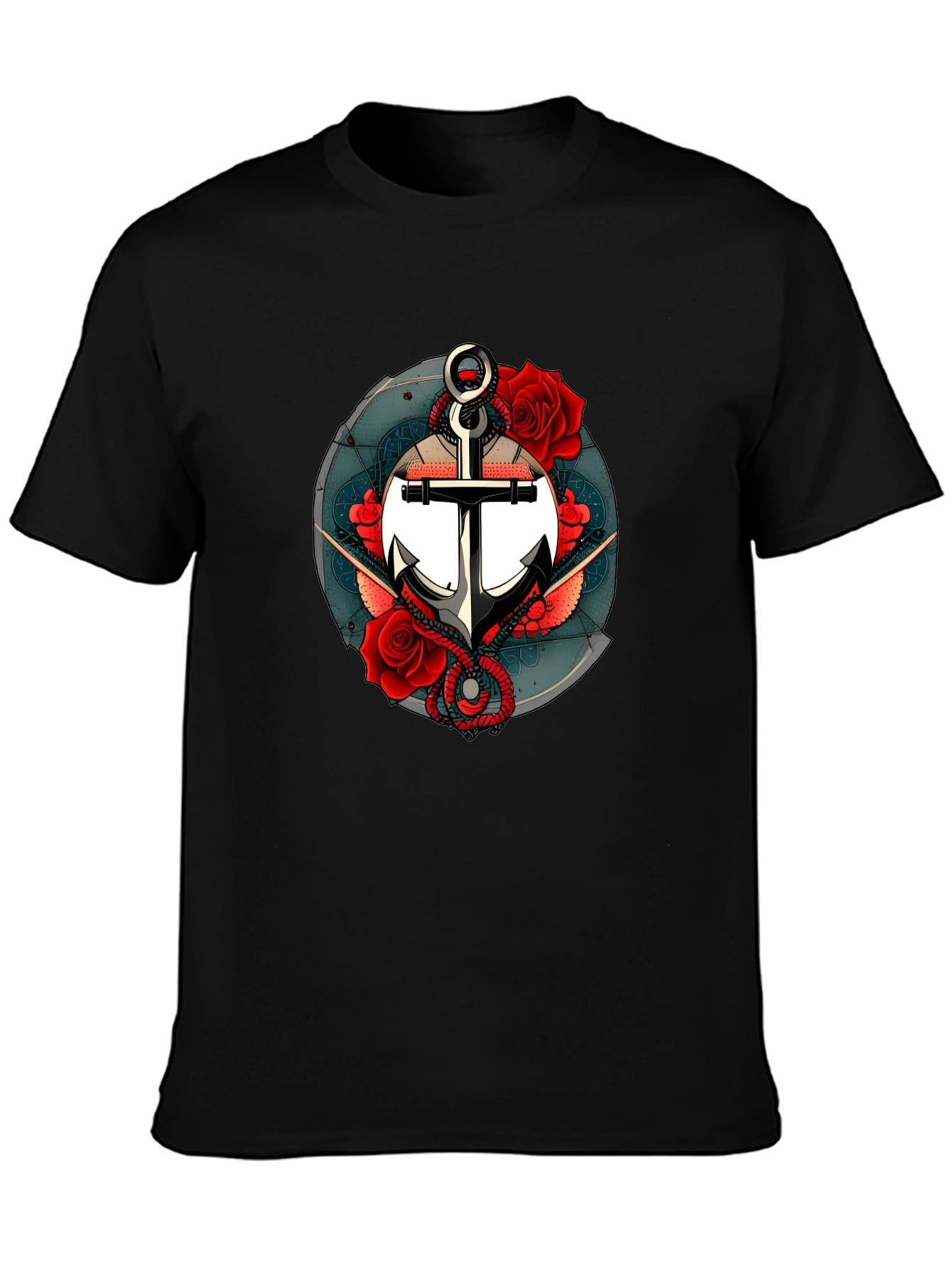 Nautical Anchor & Roses Graphic Black T-Shirt