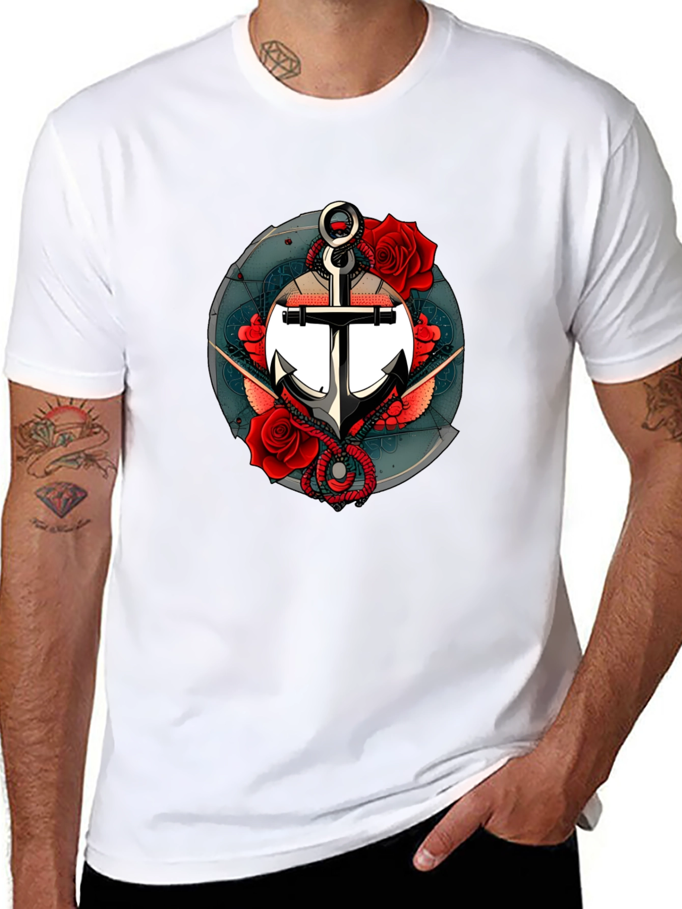 Nautical Anchor & Roses Graphic Black T-Shirt