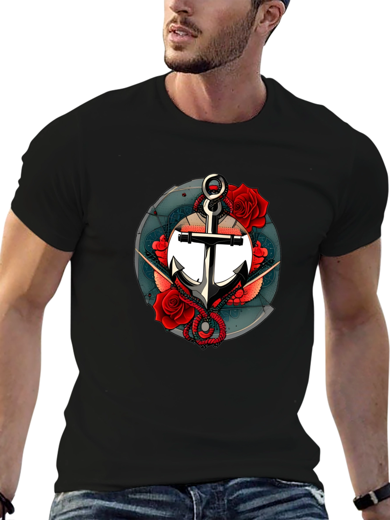 Nautical Anchor & Roses Graphic Black T-Shirt