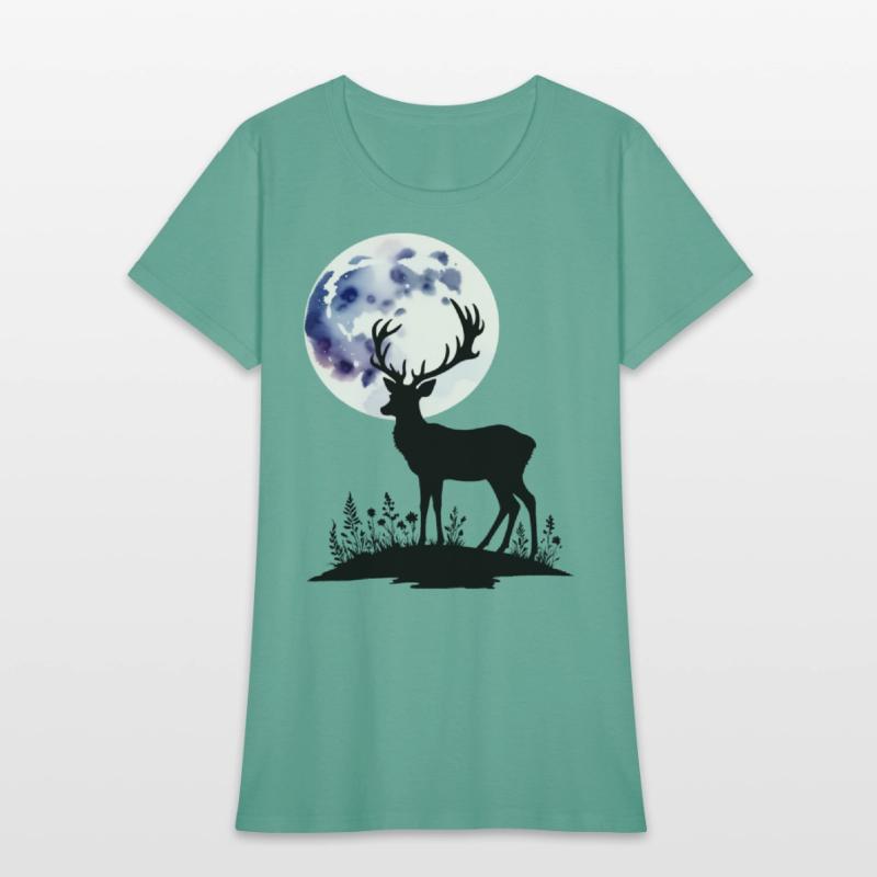 Deer Silhouette Against Watercolor Moon