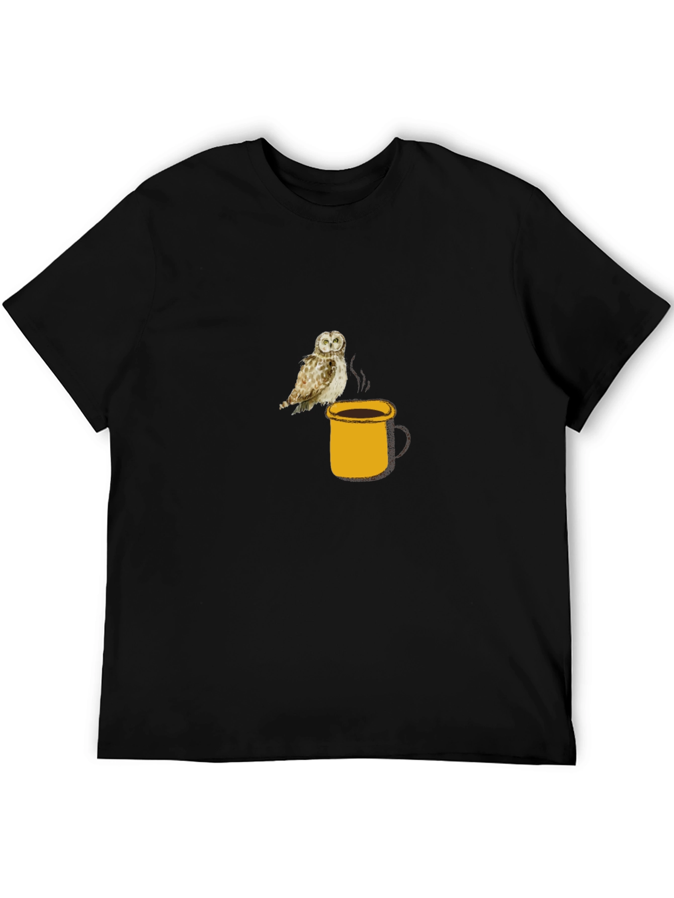 Owl on Coffee Mug Black T-Shirt