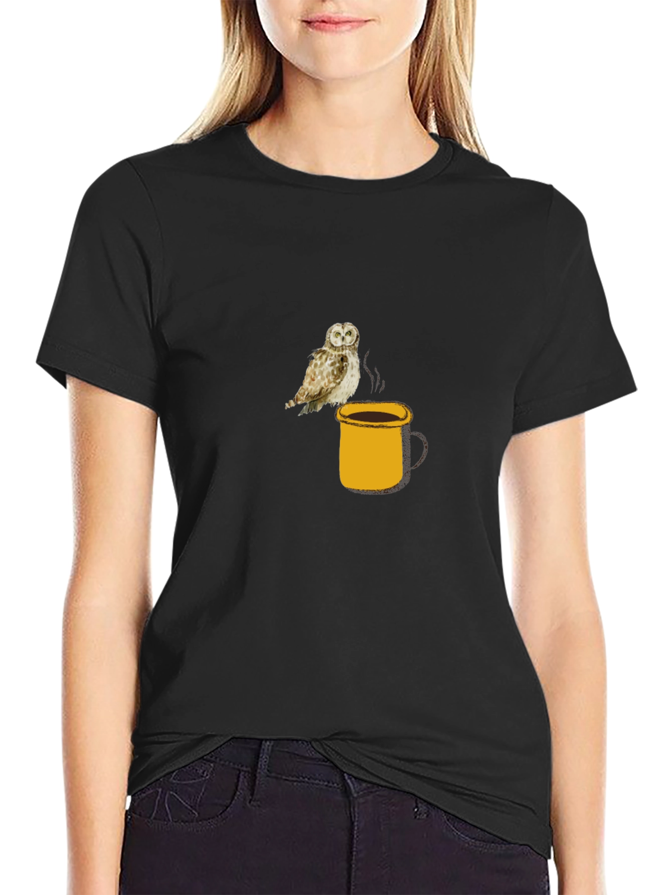 Owl on Coffee Mug Black T-Shirt