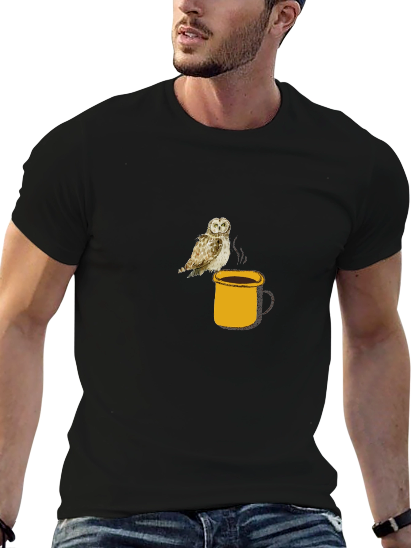 Owl on Coffee Mug Black T-Shirt