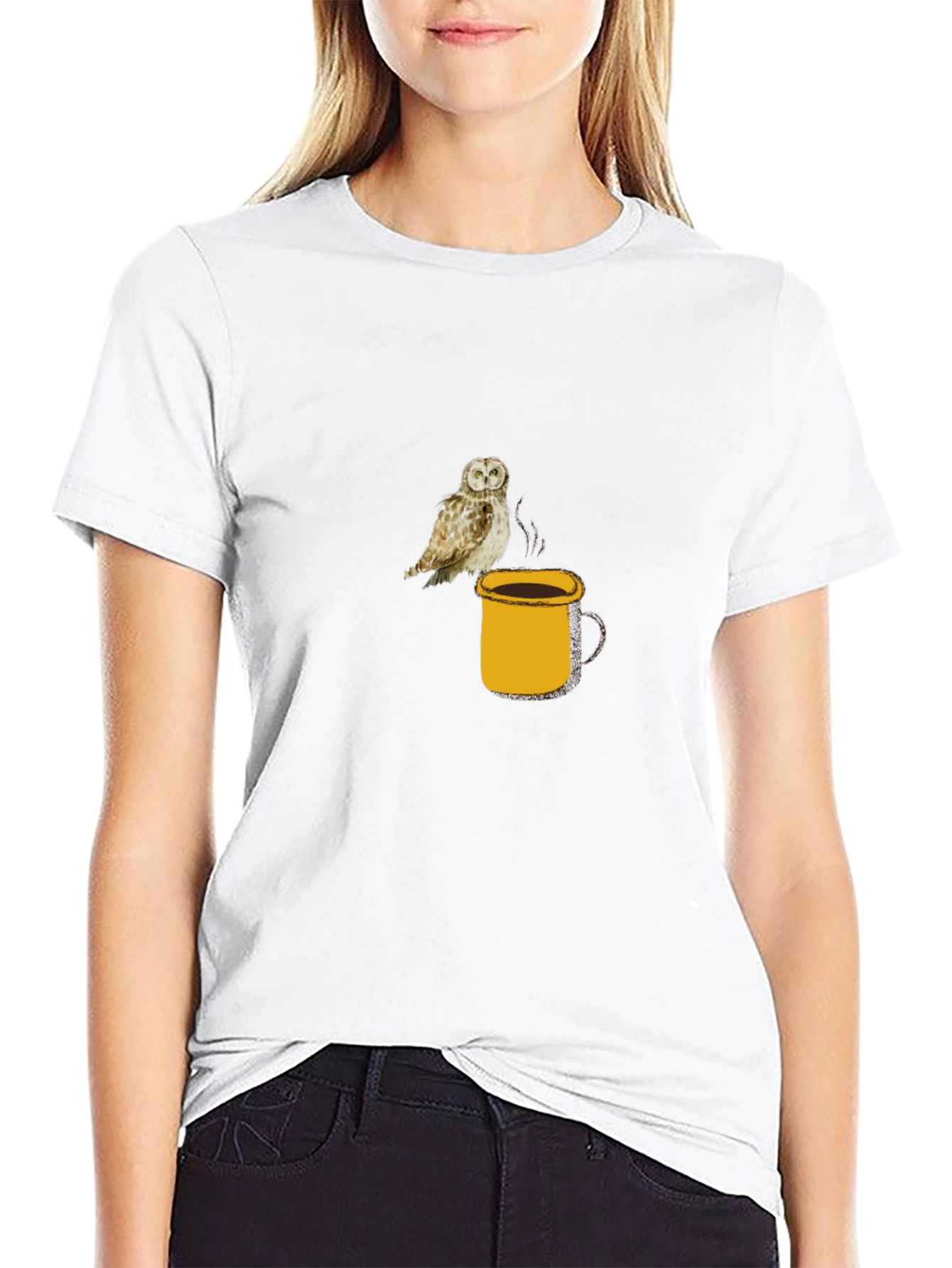 Owl on Coffee Mug Black T-Shirt