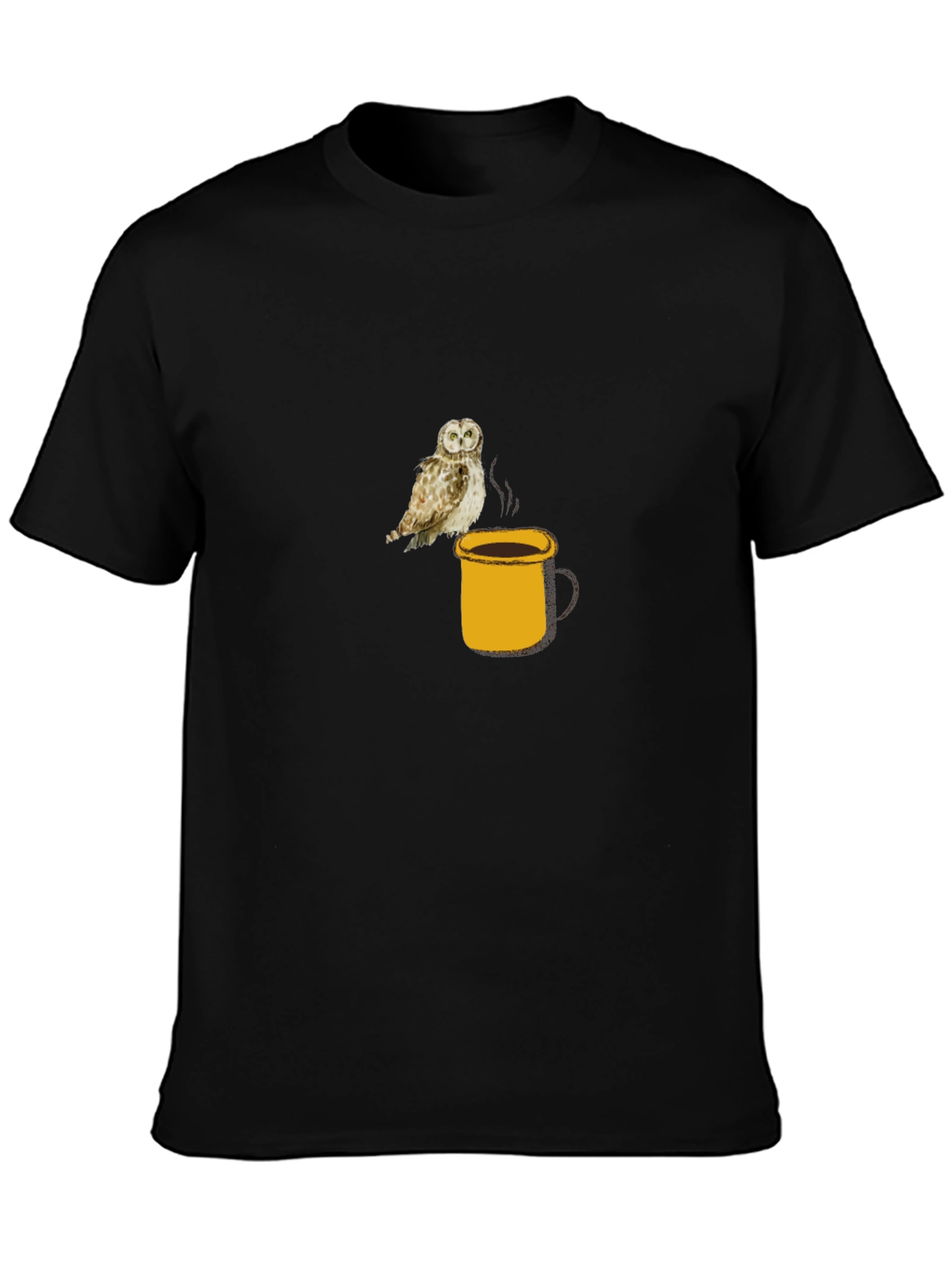 Owl on Coffee Mug Black T-Shirt