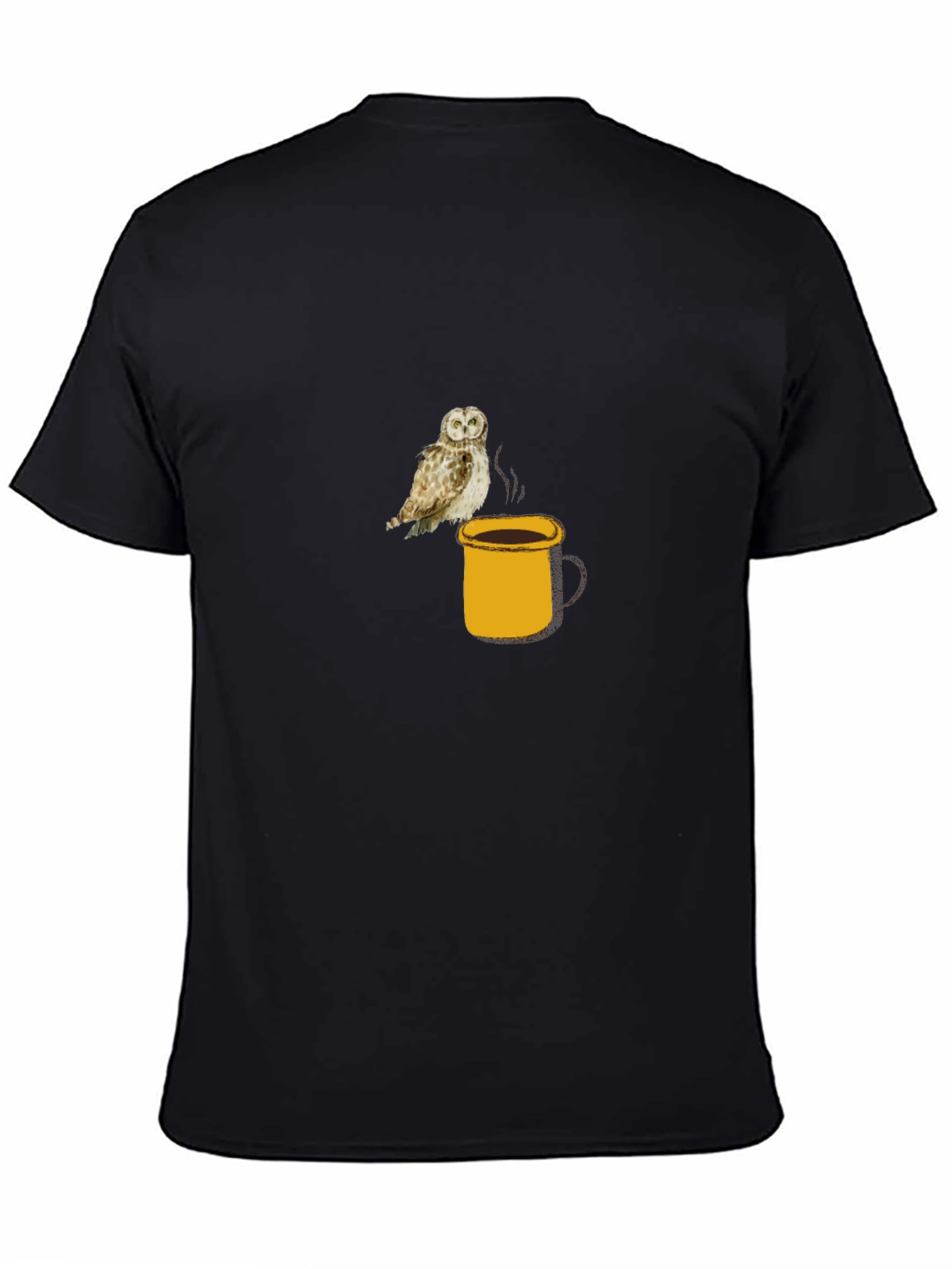 Owl on Coffee Mug Black T-Shirt