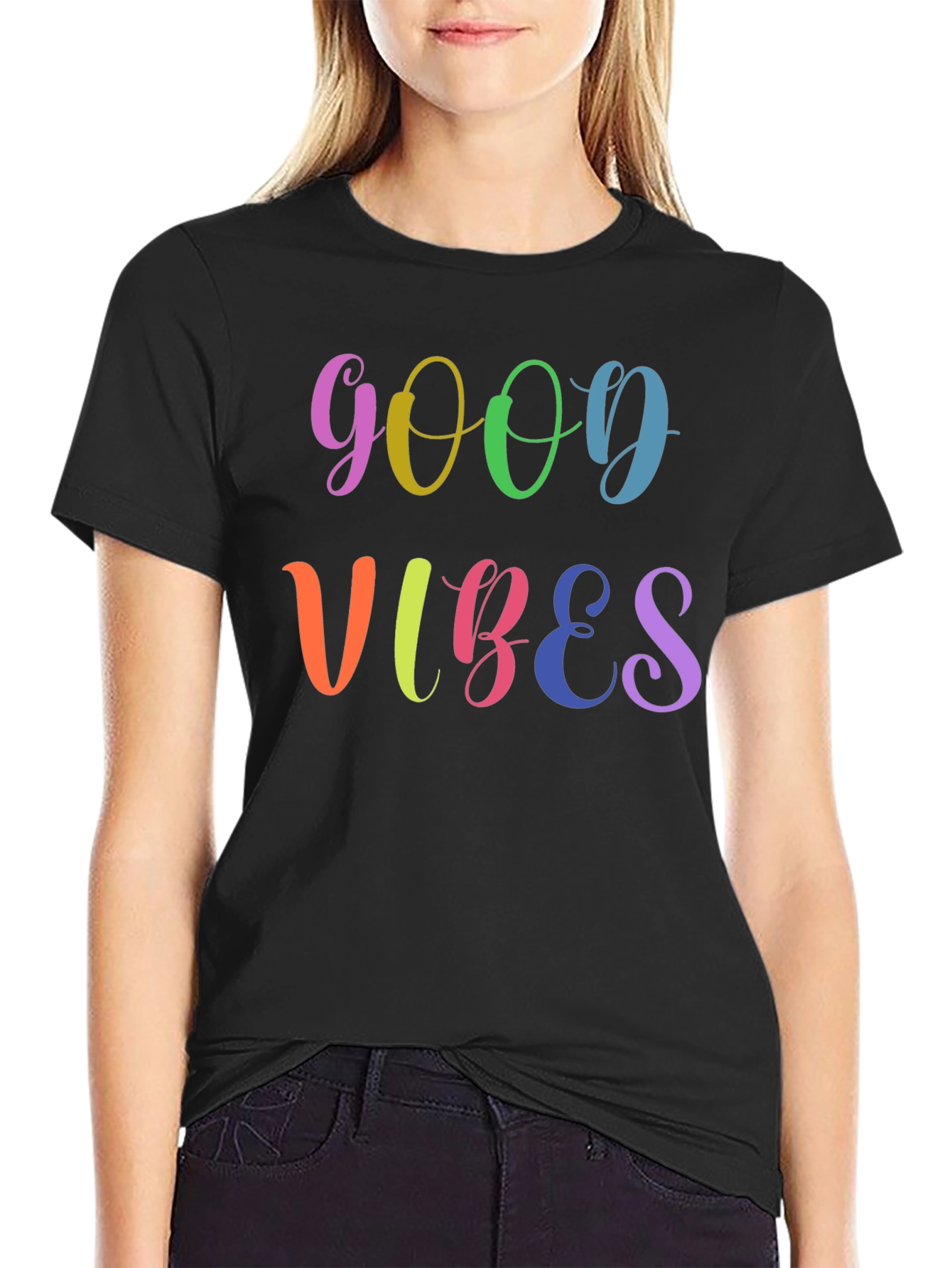 Good Vibes Rainbow Graphic Black T-Shirt