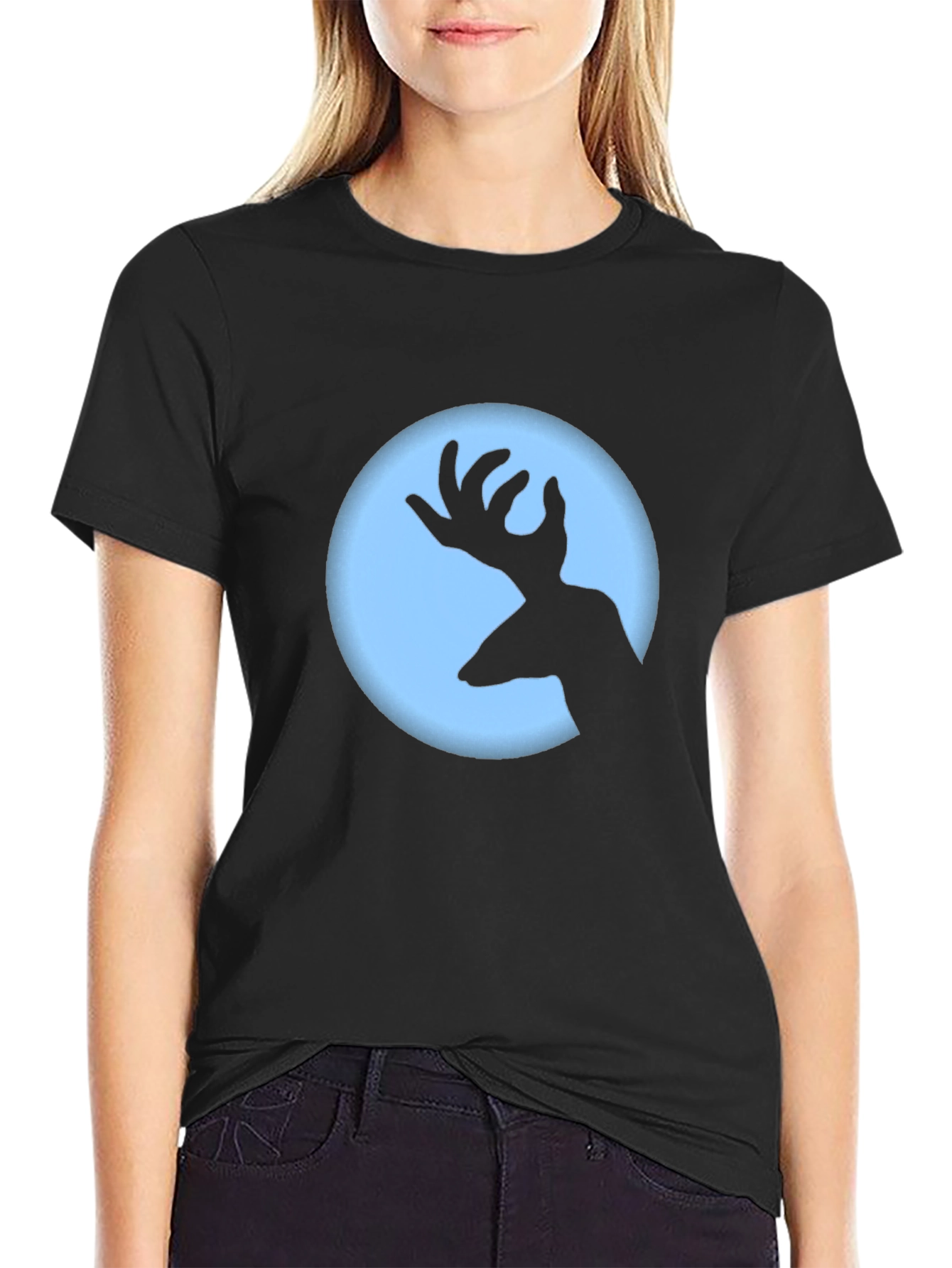 Deer Silhouette Graphic Tee - Black Crew Neck T-Shirt