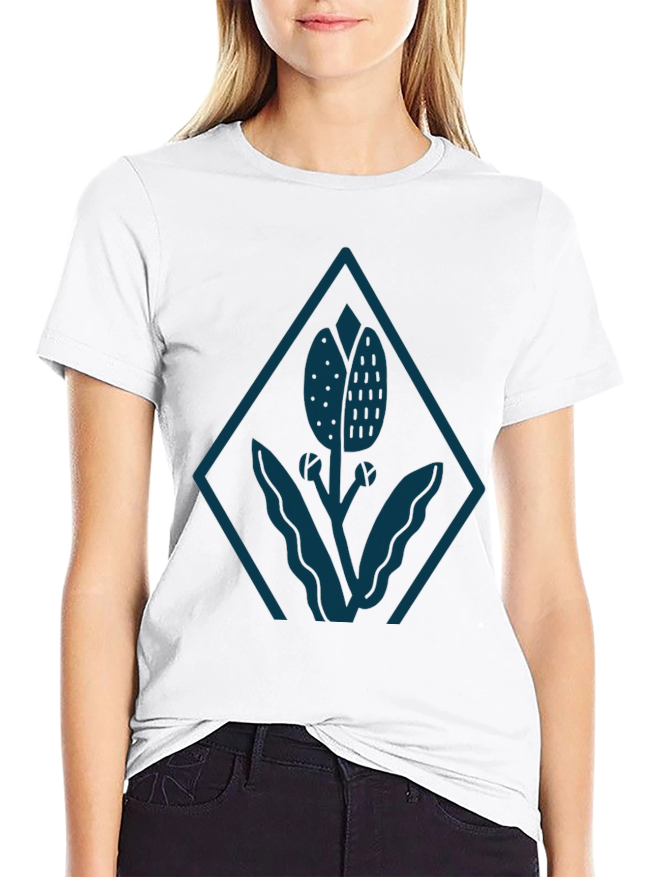 Mens Black Tee with Stylized Floral Diamond Design