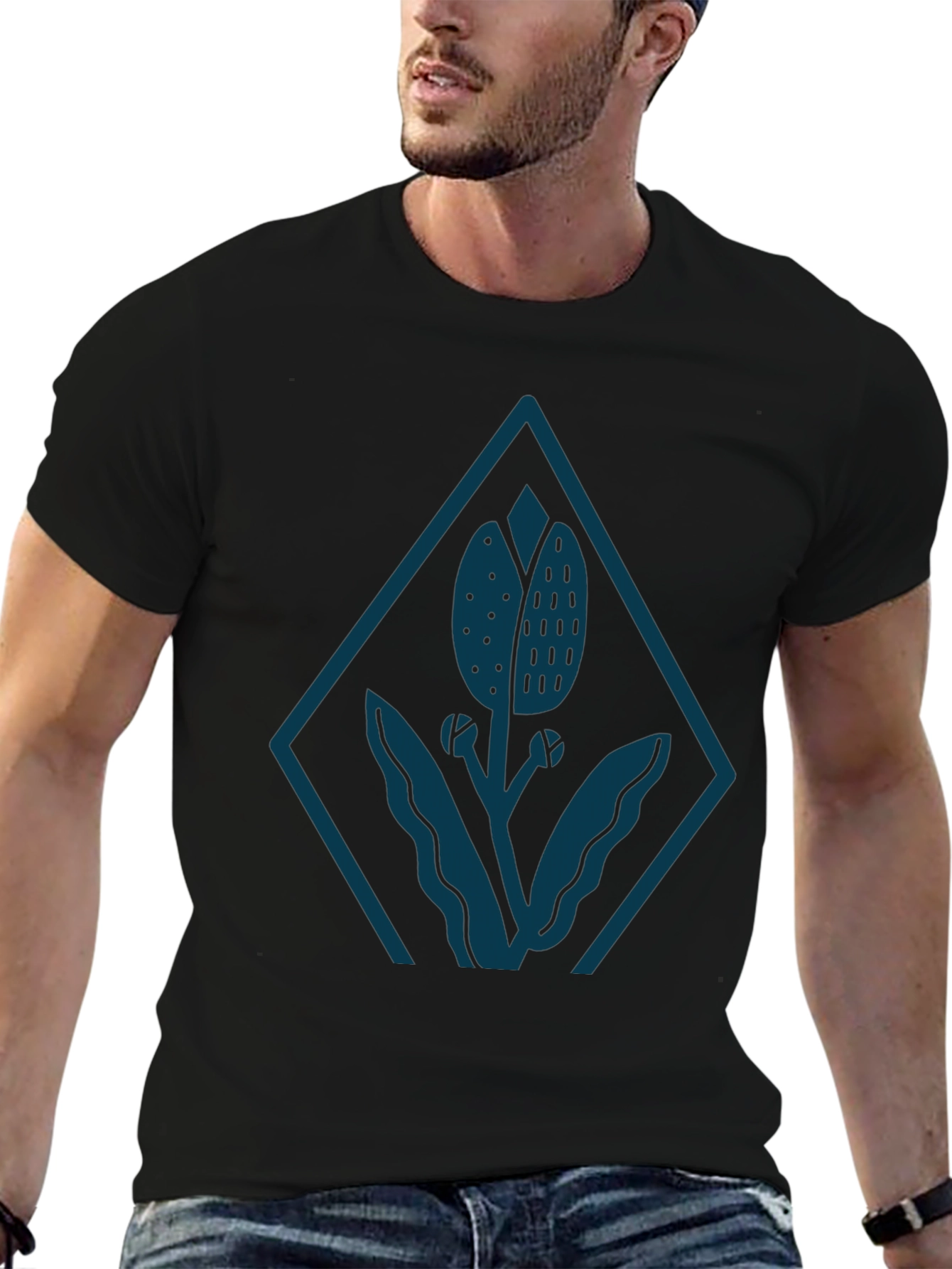Mens Black Tee with Stylized Floral Diamond Design