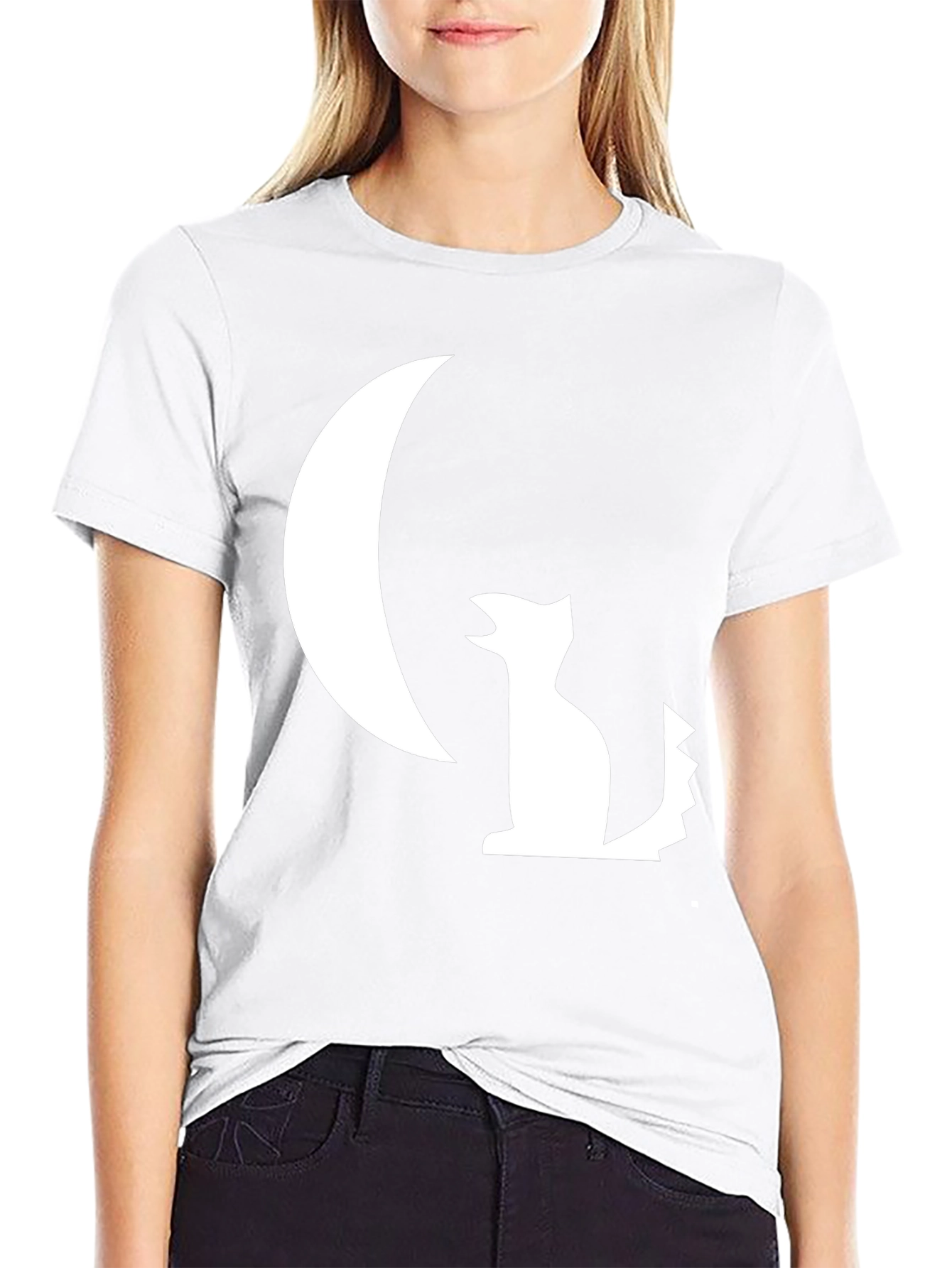Black T-Shirt with White Moon and Wolf Design
