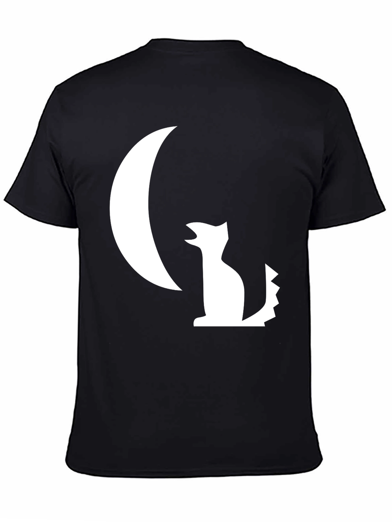 Black T-Shirt with White Moon and Wolf Design