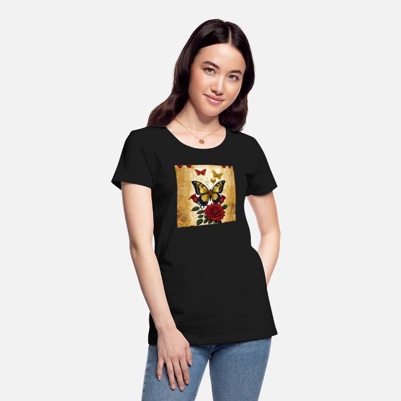 Elegant golden butterfly with blooming red roses