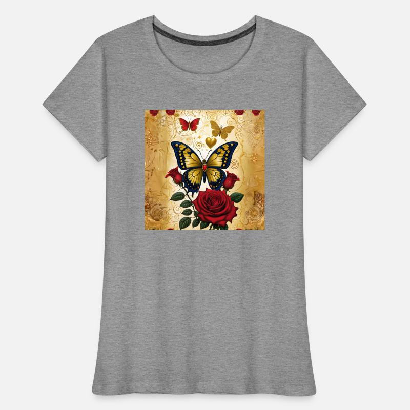 Elegant golden butterfly with blooming red roses