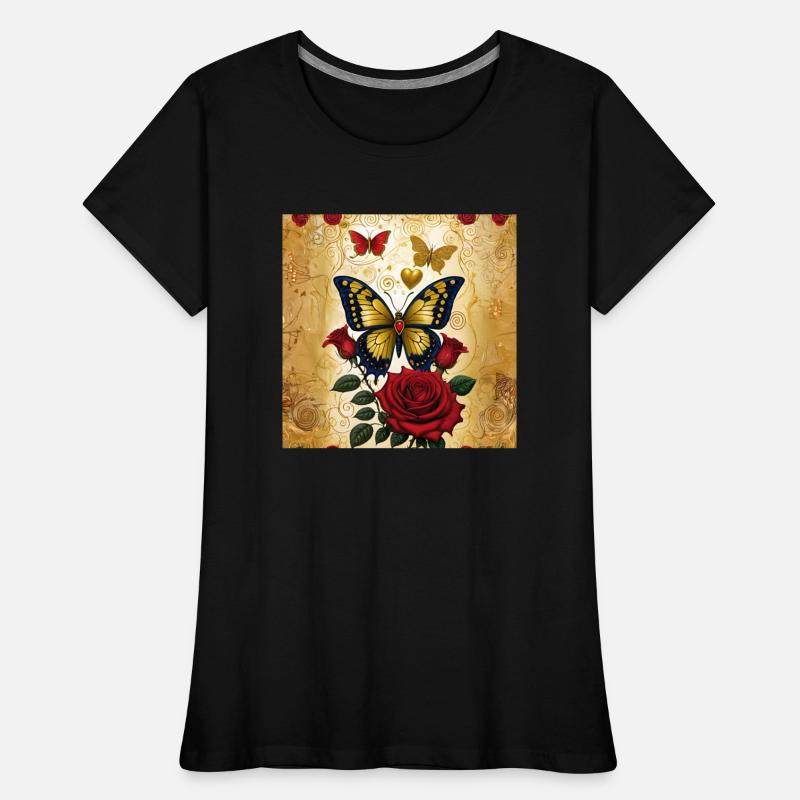 Elegant golden butterfly with blooming red roses