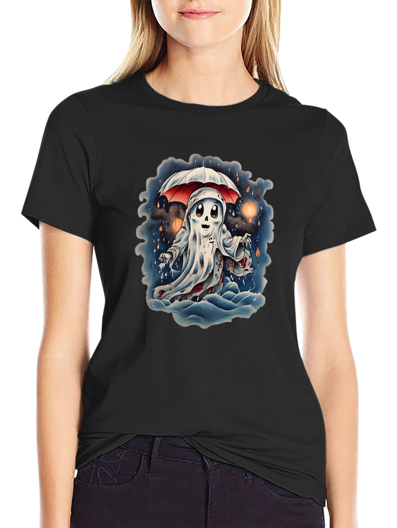 Spooky Ghost Under Umbrella Graphic Tee