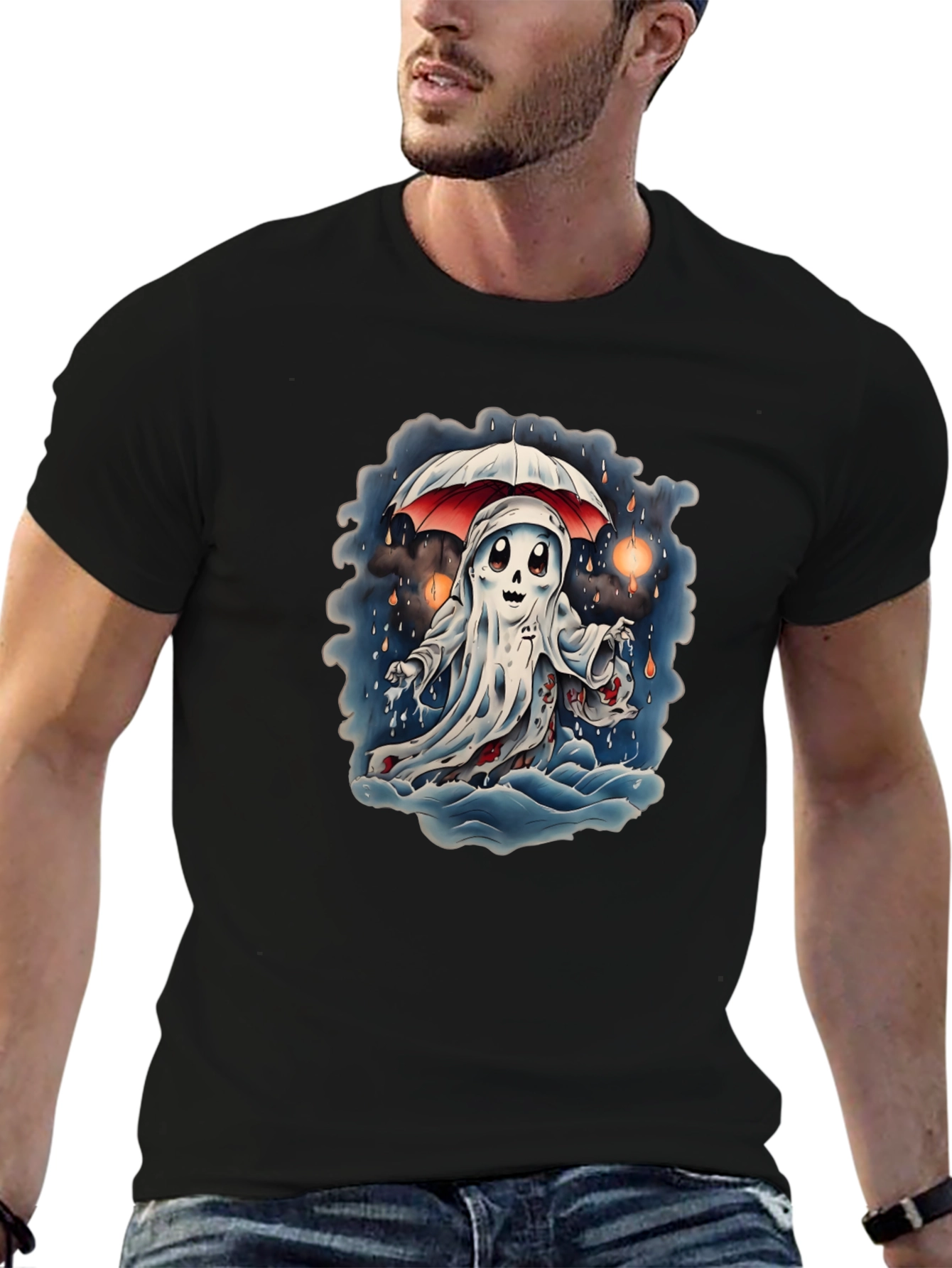 Spooky Ghost Under Umbrella Graphic Tee