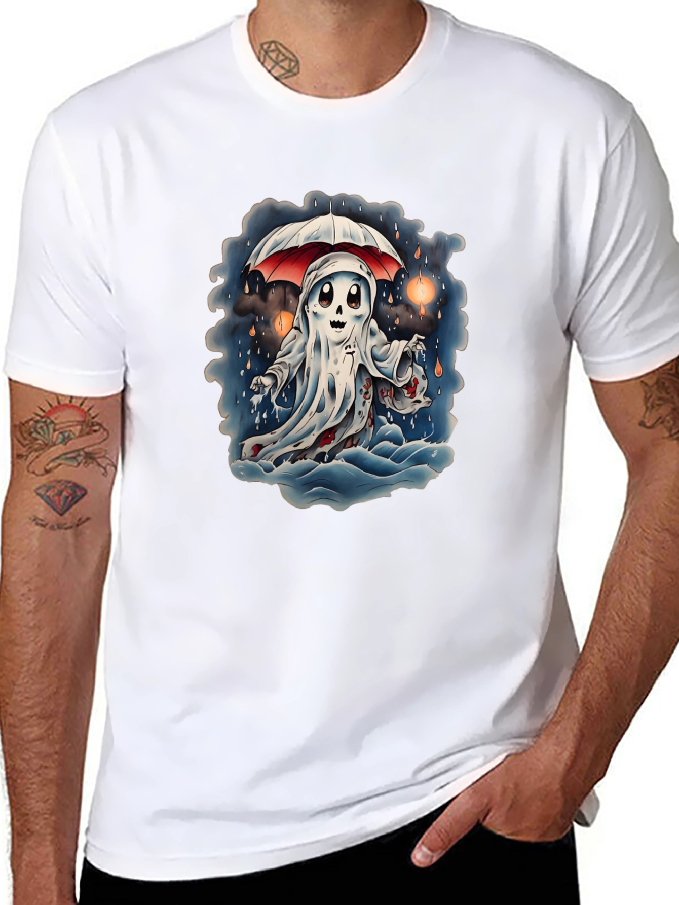 Spooky Ghost Under Umbrella Graphic Tee