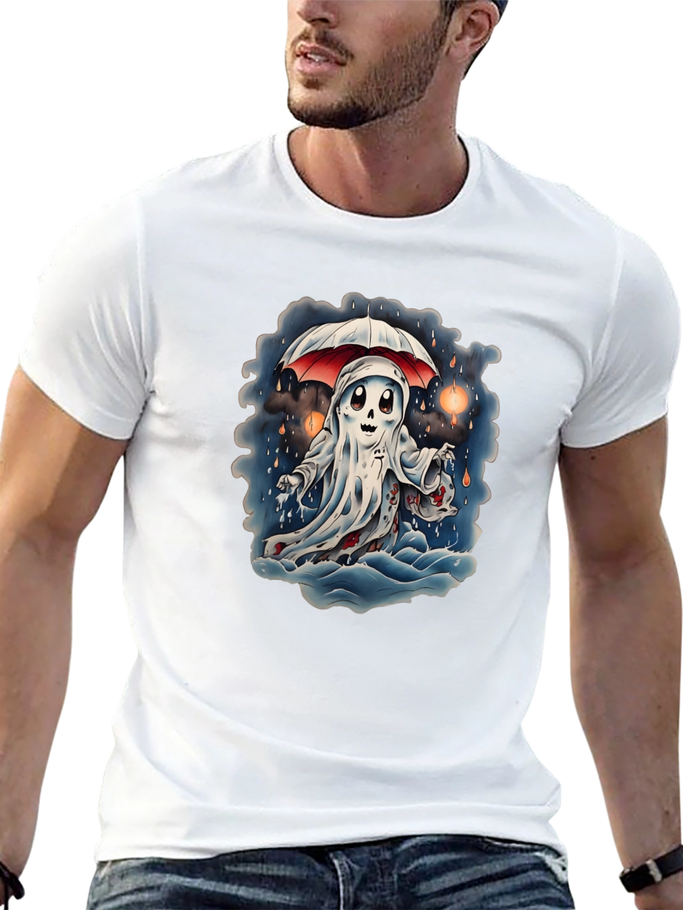 Spooky Ghost Under Umbrella Graphic Tee