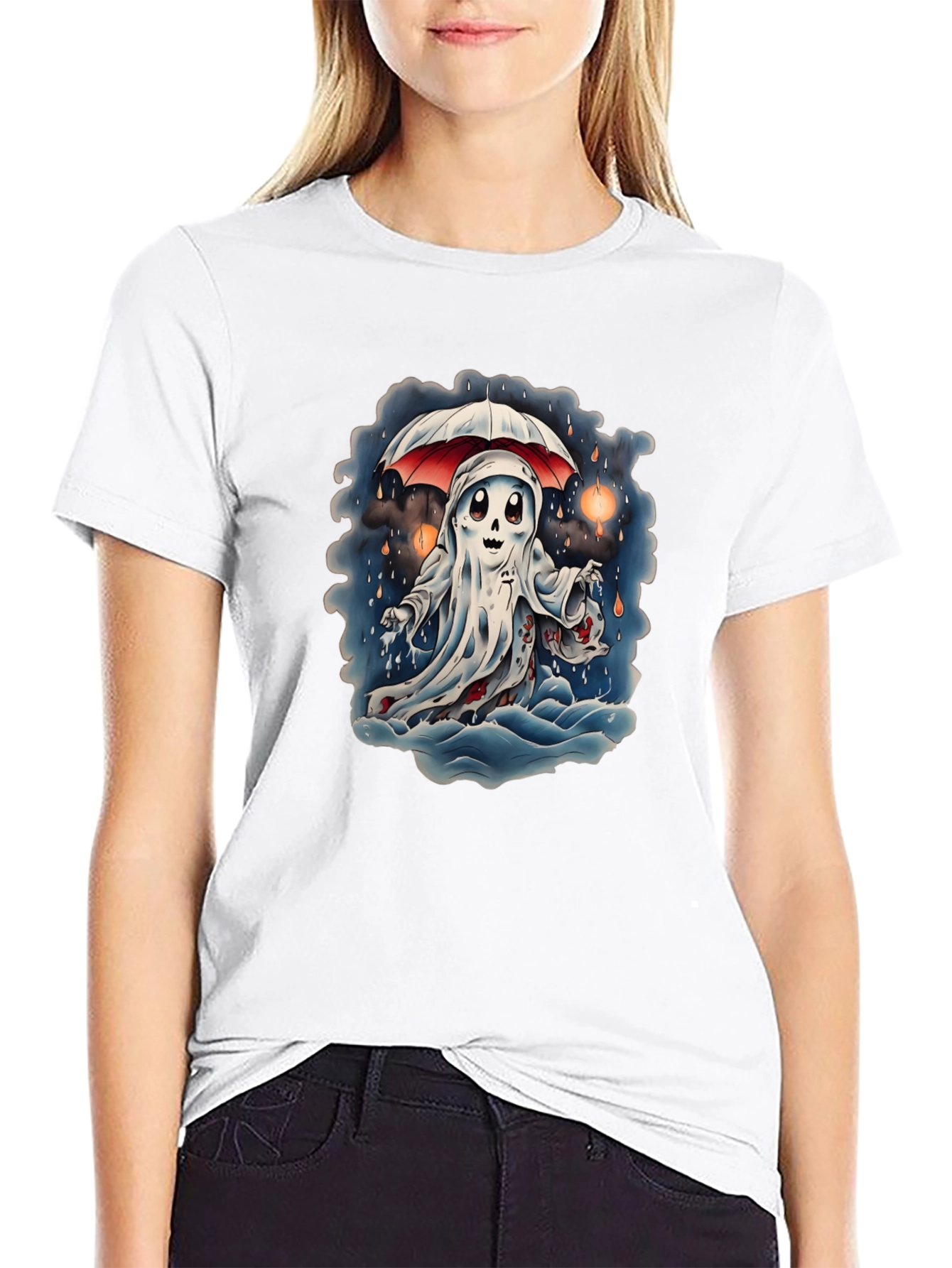Spooky Ghost Under Umbrella Graphic Tee