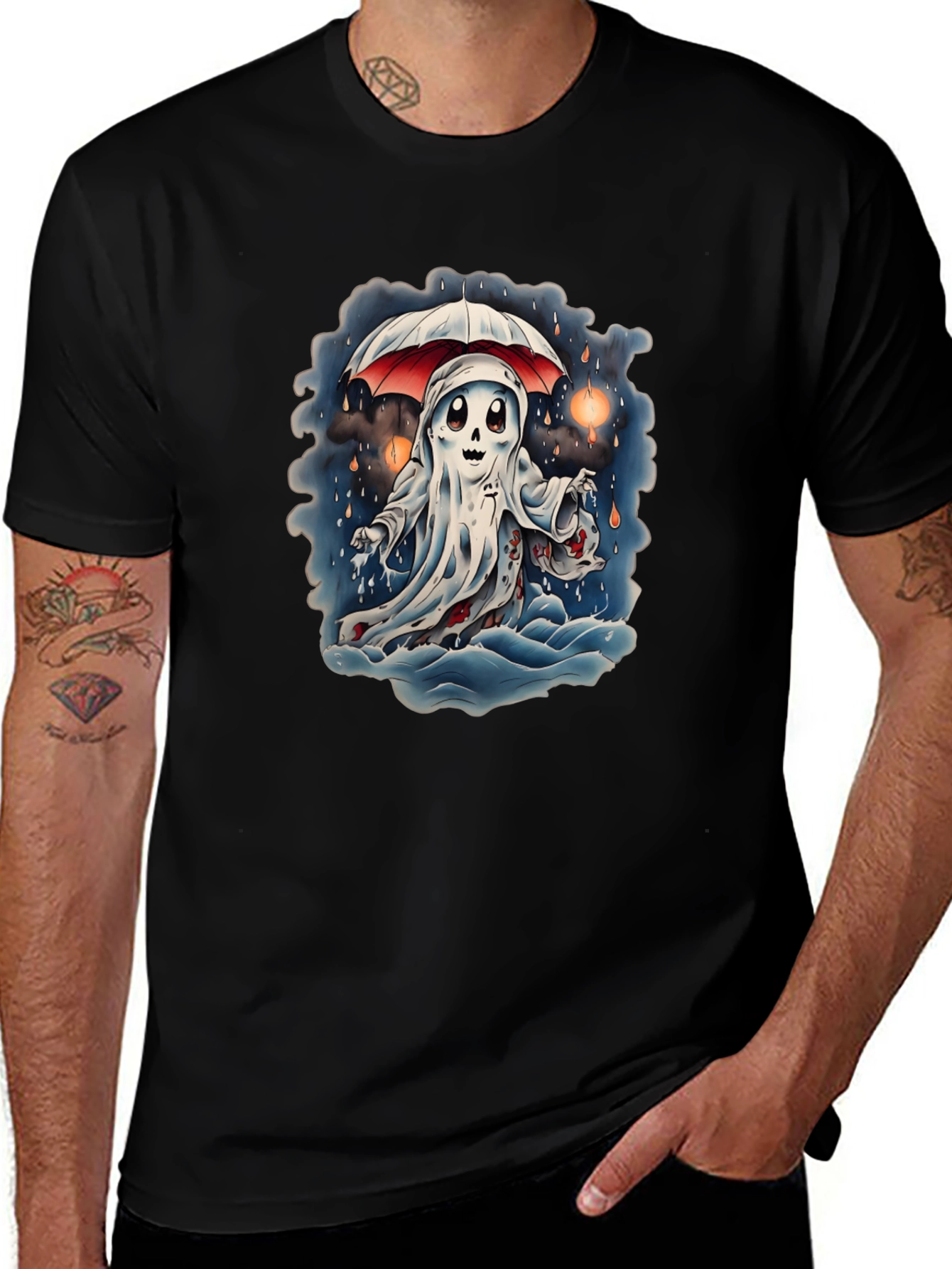 Spooky Ghost Under Umbrella Graphic Tee