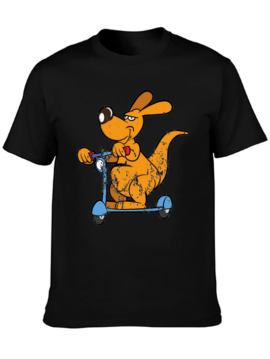 Cartoon Kangaroo Scooter Graphic Tee - Cool Black T-Shirt