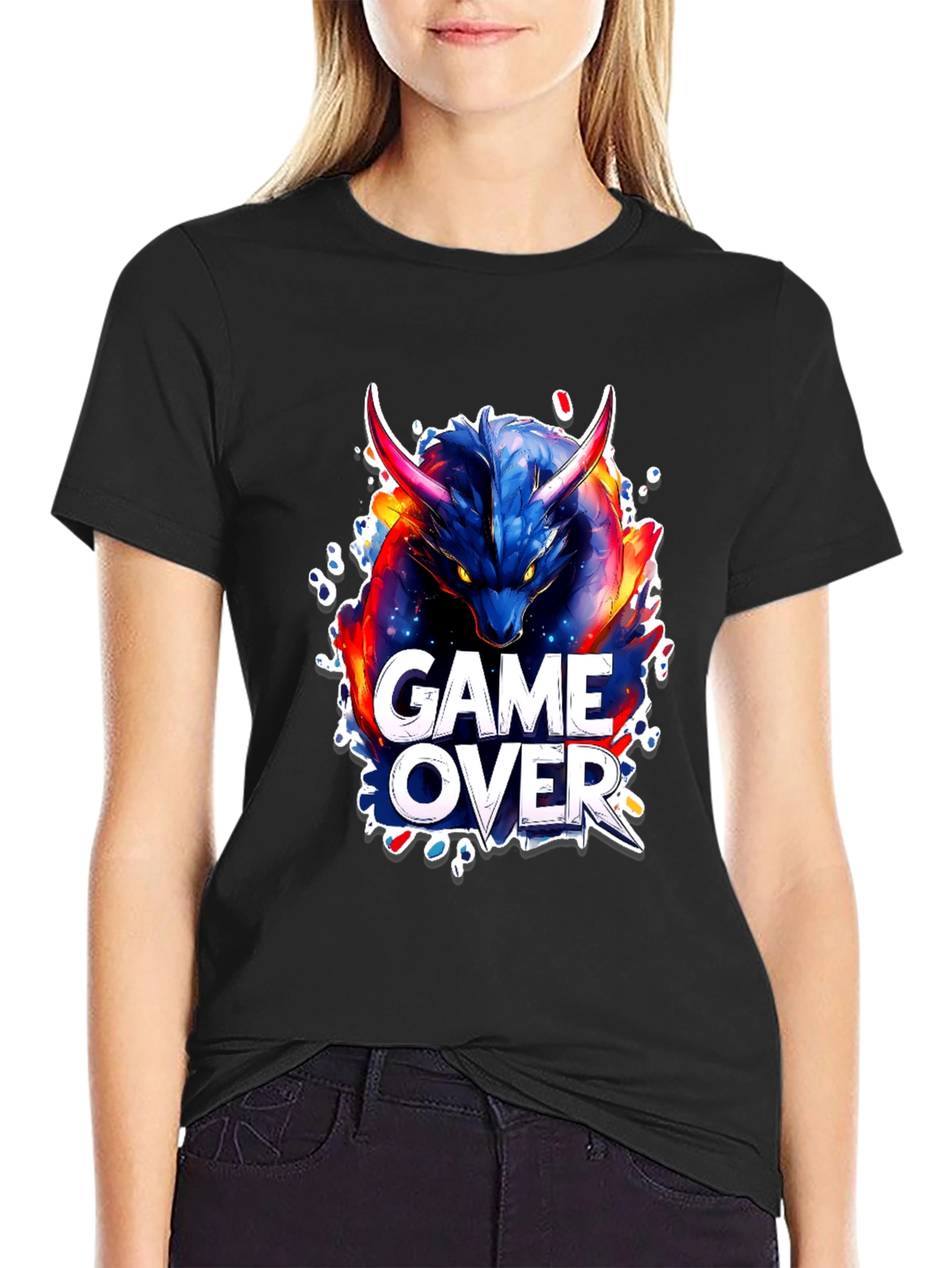 Game Over Dragon Graphic Tee - Black