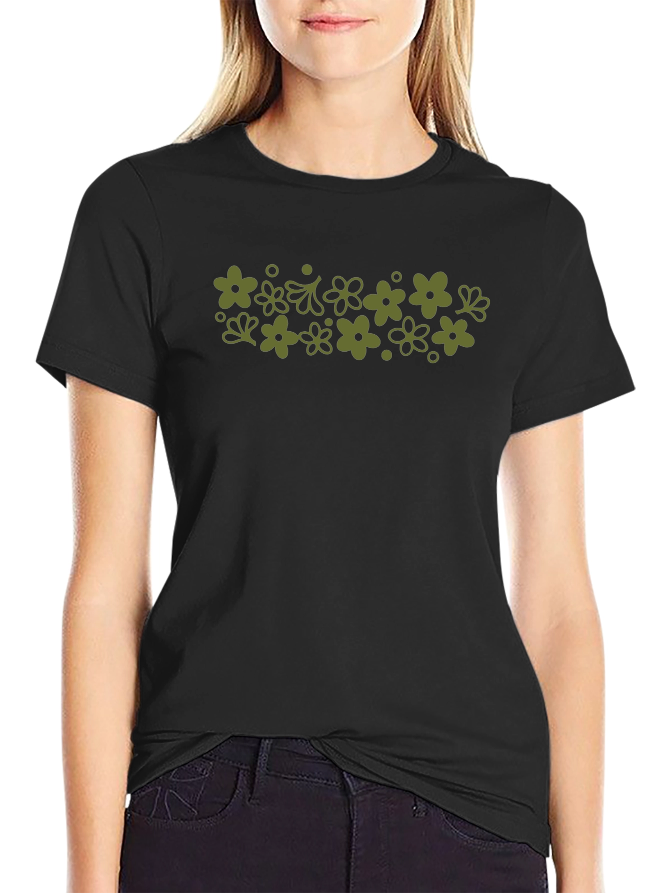 Retro Flower Power Print Black T-Shirt